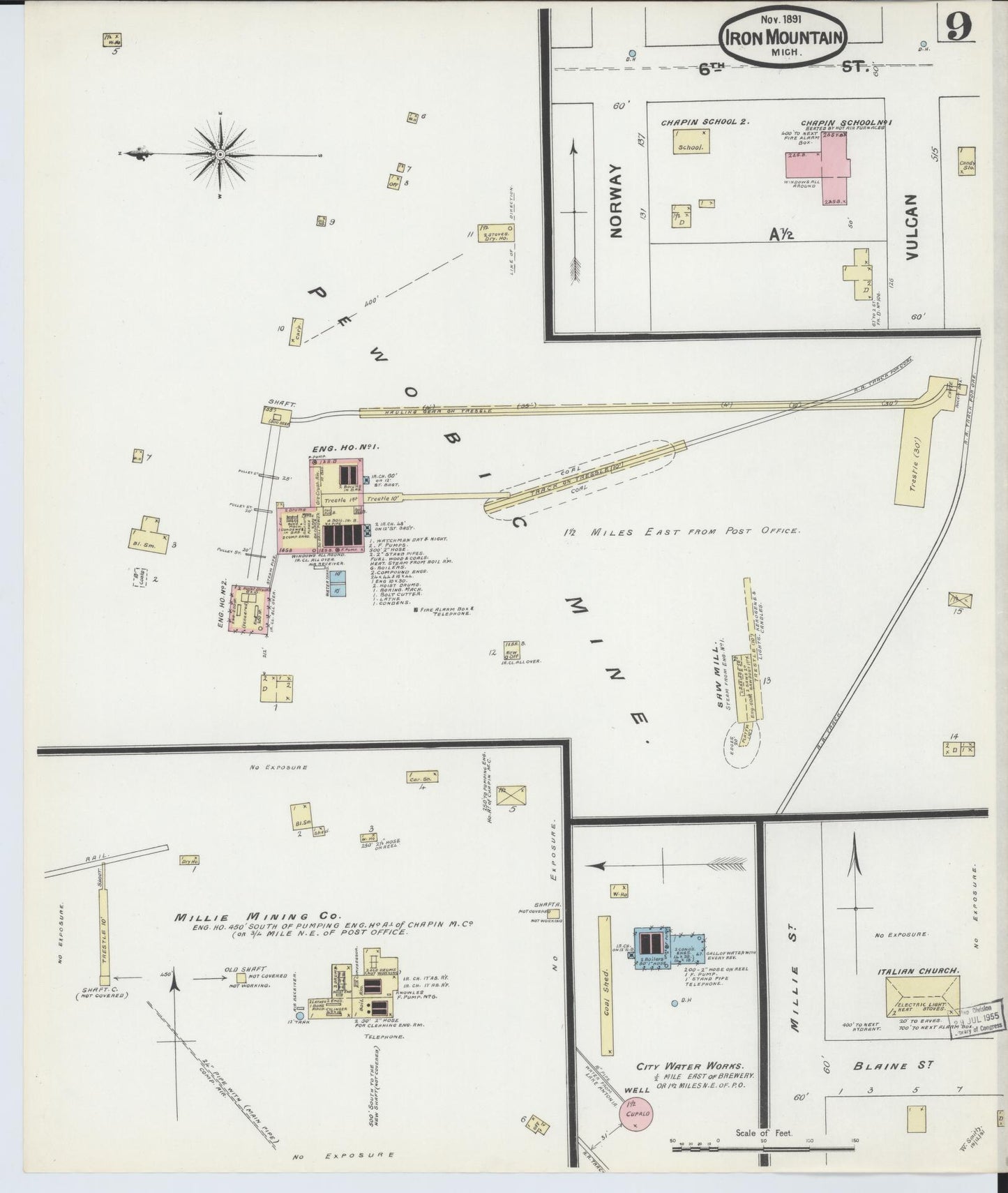 Sanborn Fire Insurance Map from Iron Mountain, Dickinson County, Michigan (1891), Sheet #0009 - Complete Map Set gallery image, historic Sanborn map, vintage wall art, Michigan Michigan