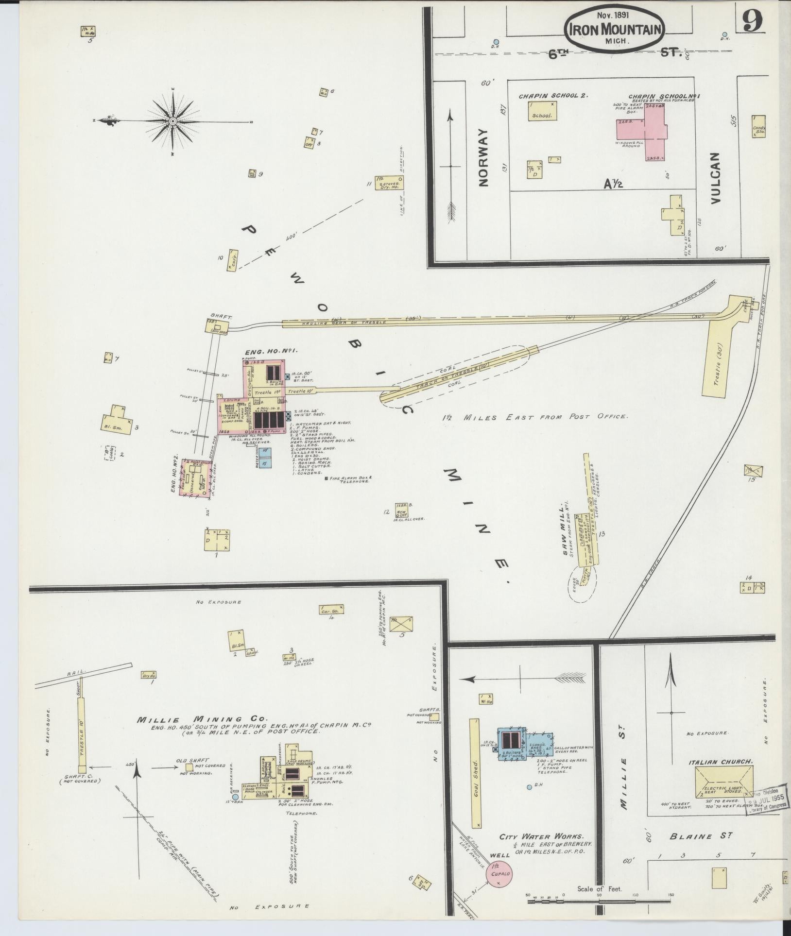 Sanborn Fire Insurance Map from Iron Mountain, Dickinson County, Michigan (1891), Sheet #0009 - Complete Map Set gallery image, historic Sanborn map, vintage wall art, Michigan Michigan