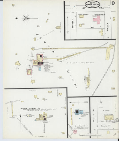 Sanborn Fire Insurance Map from Iron Mountain, Dickinson County, Michigan (1891), Sheet #0009 - Complete Map Set gallery image, historic Sanborn map, vintage wall art, Michigan Michigan