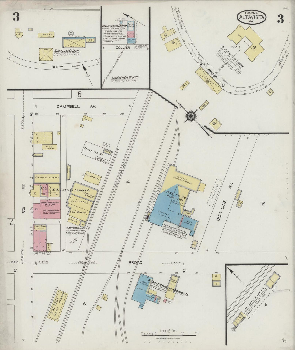 Sanborn Fire Insurance Map from Altavista, Campbell County, Virginia (1925), Sheet #0003 - Complete Map Set gallery image, historic Sanborn map, vintage wall art, Virginia Virginia
