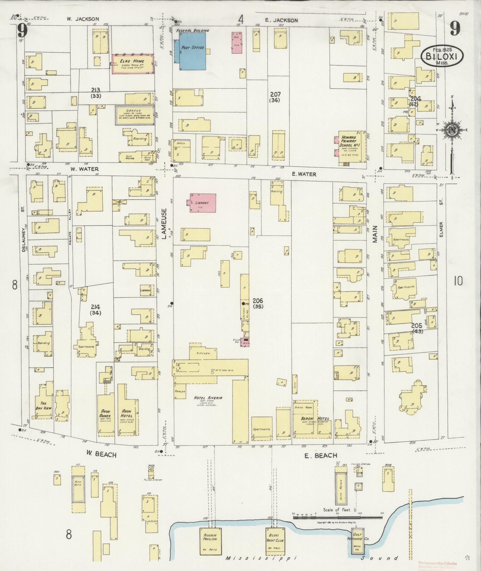 Sanborn Fire Insurance Map from Biloxi, Harrison County, Mississippi (1925), Sheet #0009 - Historic Sanborn Fire Insurance Map Print, vintage old map wall art, antique decor, genealogy gift, Mississippi Mississippi map