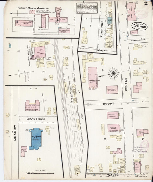 Sanborn Fire Insurance Map from Rutland, Rutland County, Vermont (1879), Sheet #0002 - Historic Sanborn Fire Insurance Map Print, vintage old map wall art, antique decor, genealogy gift, Vermont Vermont map