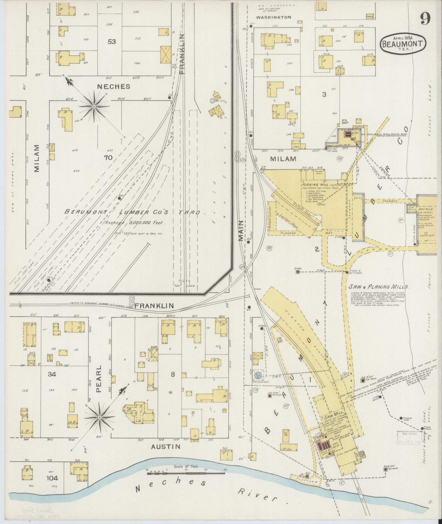 Sanborn Fire Insurance Map from Beaumont, Jefferson County, Texas (1894), Sheet #0009 - Complete Map Set gallery image, historic Sanborn map, vintage wall art, Texas Texas