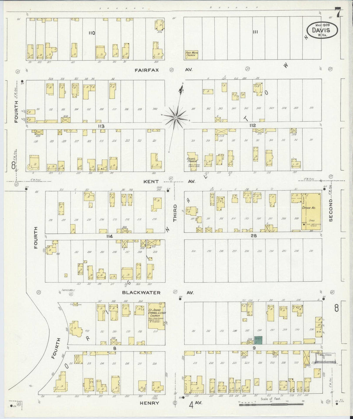 Sanborn Fire Insurance Map from Davis, Tucker County, West Virginia (1909), Sheet #0007 - Historic Sanborn Fire Insurance Map Print, vintage old map wall art, antique decor, genealogy gift, West Virginia West Virginia map