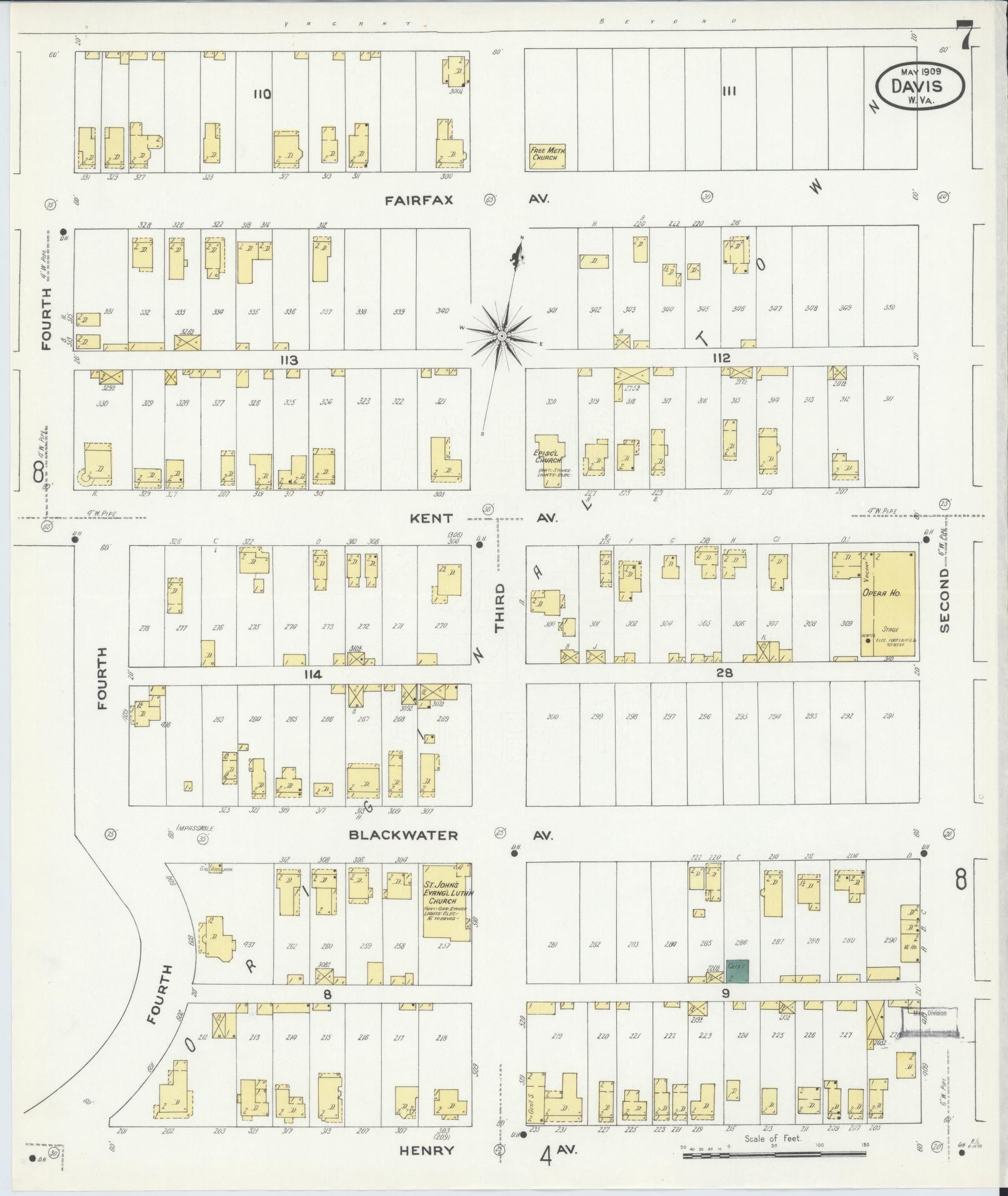 Sanborn Fire Insurance Map from Davis, Tucker County, West Virginia (1909), Sheet #0007 - Historic Sanborn Fire Insurance Map Print, vintage old map wall art, antique decor, genealogy gift, West Virginia West Virginia map