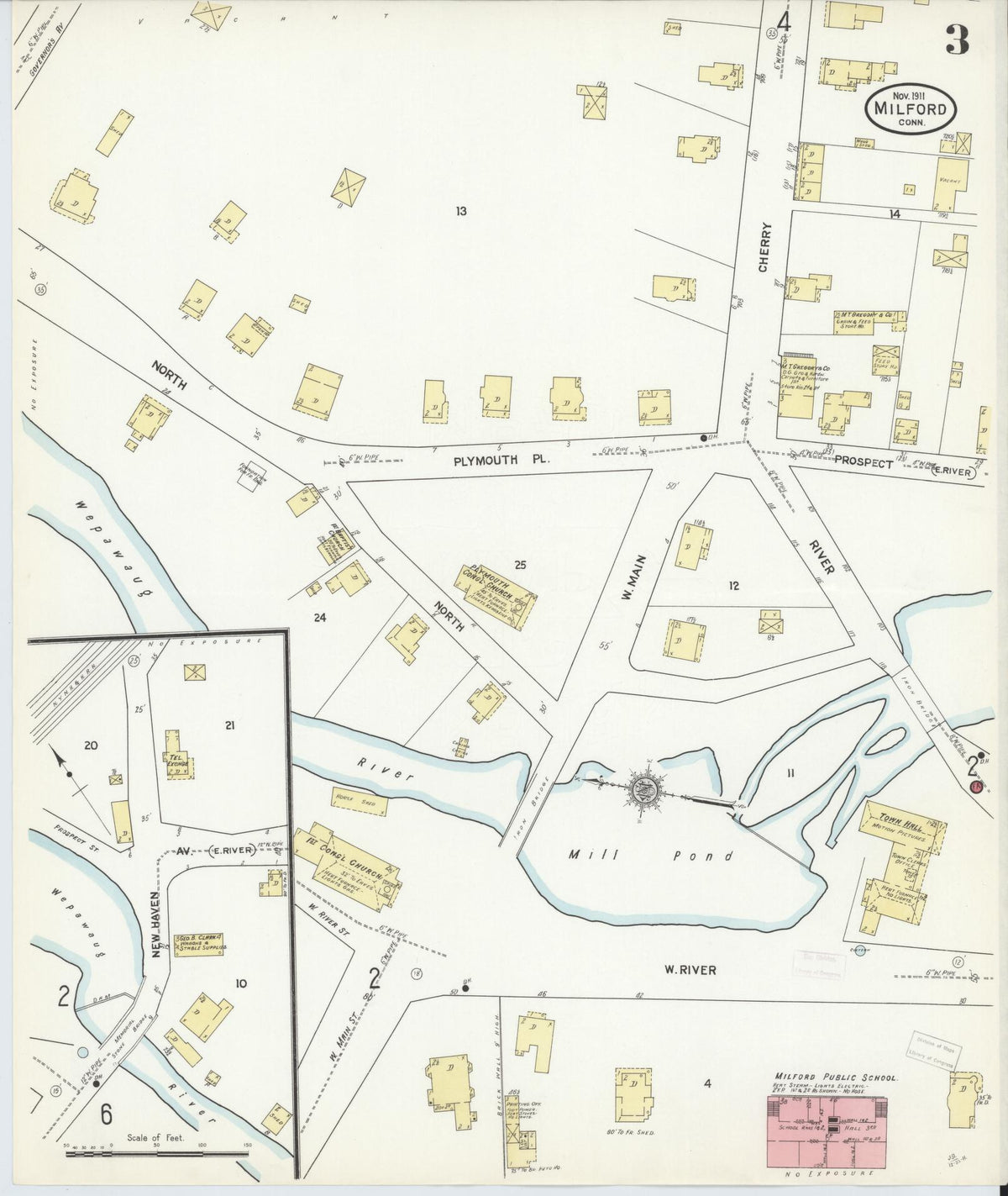 Sanborn Fire Insurance Map from Milford, New Haven County, Connecticut (1911), Sheet #0003 - Historic Sanborn Fire Insurance Map Print, vintage old map wall art, antique decor, genealogy gift, Connecticut Connecticut map