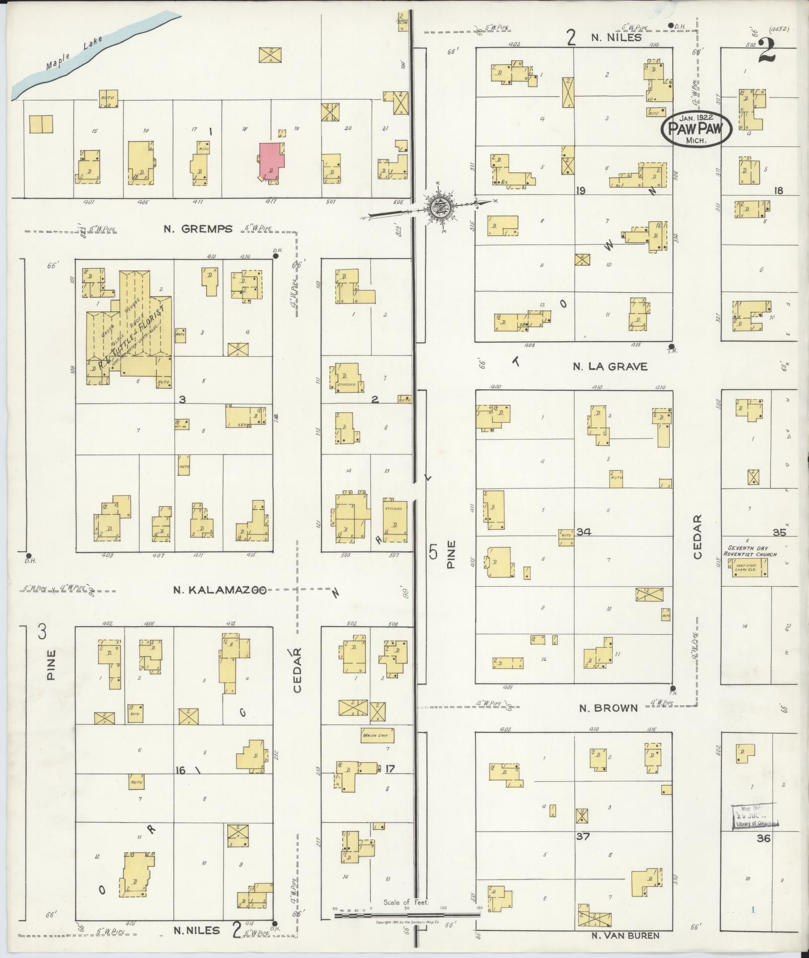Sanborn Fire Insurance Map from Paw Paw, Van Buren County, Michigan (1922), Sheet #0002 - Complete Map Set gallery image, historic Sanborn map, vintage wall art, Michigan Michigan