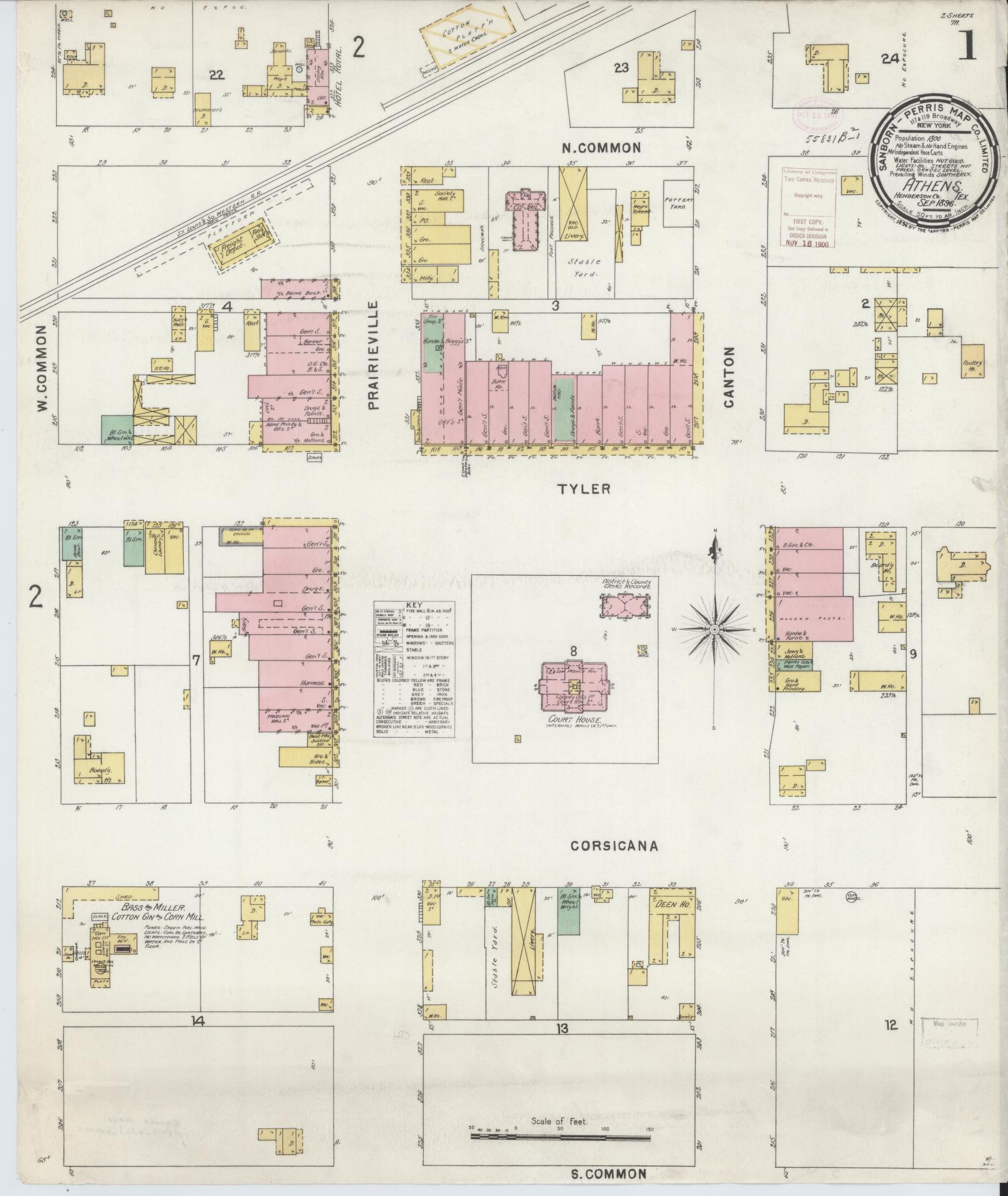 Sanborn Fire Insurance Map from Athens, Henderson County, Texas (1896), Sheet #0001 - Complete Map Set gallery image, historic Sanborn map, vintage wall art, Texas Texas