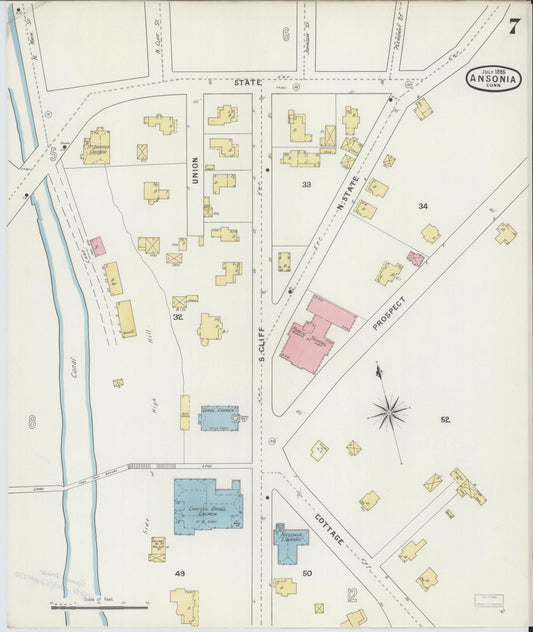 Sanborn Fire Insurance Map from Ansonia, New Haven County, Connecticut (1895), Sheet #0007 - Historic Sanborn Fire Insurance Map Print, vintage old map wall art, antique decor, genealogy gift, Connecticut Connecticut map