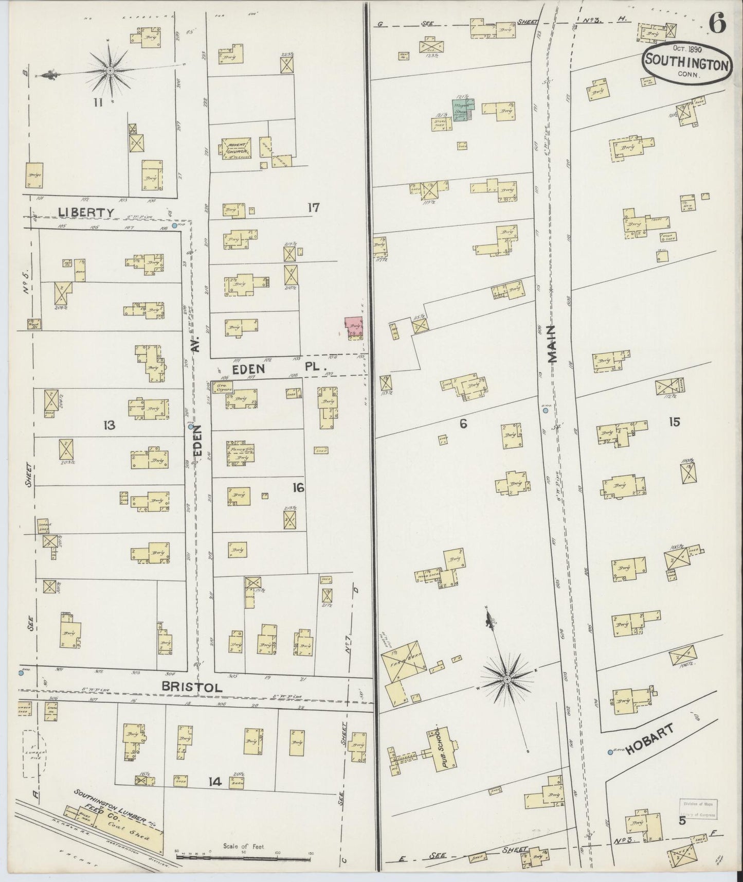 Sanborn Fire Insurance Map from Southington, Hartford County, Connecticut (1890), Sheet #0006 - Historic Sanborn Fire Insurance Map Print, vintage old map wall art, antique decor, genealogy gift, Connecticut Connecticut map
