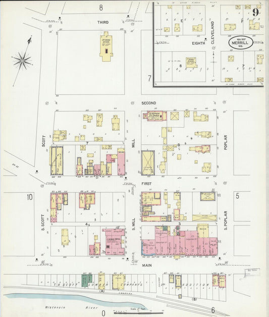 Sanborn Fire Insurance Map from Merrill, Lincoln County, Wisconsin (1907), Sheet #0009 - Historic Sanborn Fire Insurance Map Print, vintage old map wall art, antique decor, genealogy gift, Wisconsin Wisconsin map