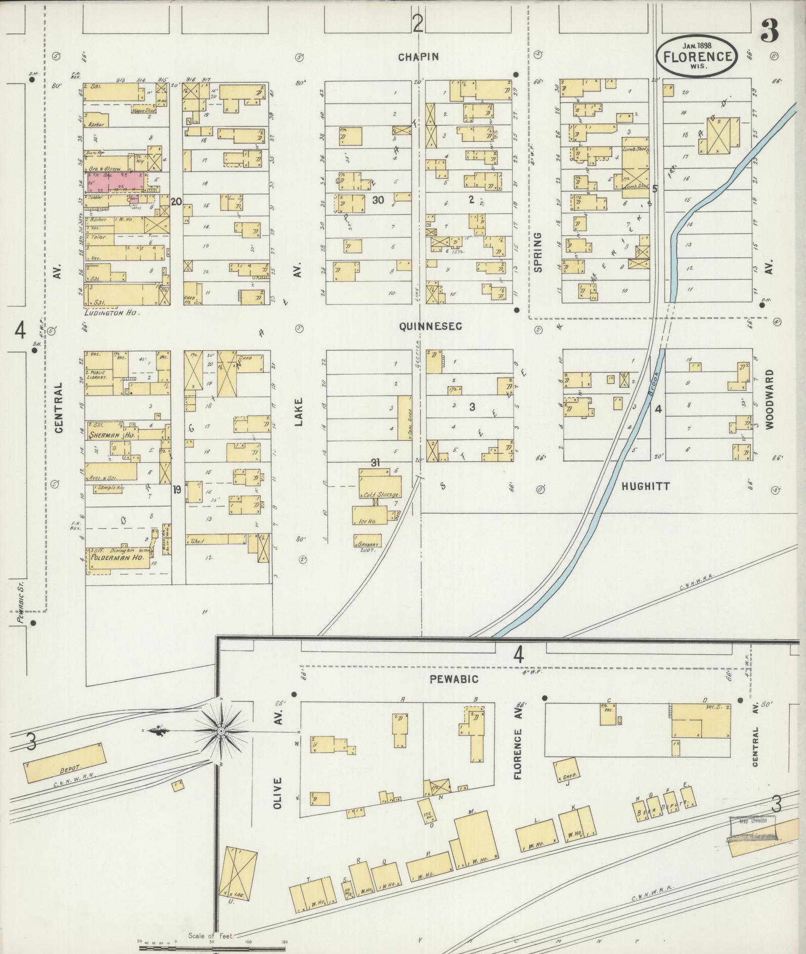 Sanborn Fire Insurance Map from Florence, Florence County, Wisconsin (1898), Sheet #0003 - Complete Map Set gallery image, historic Sanborn map, vintage wall art, Wisconsin Wisconsin