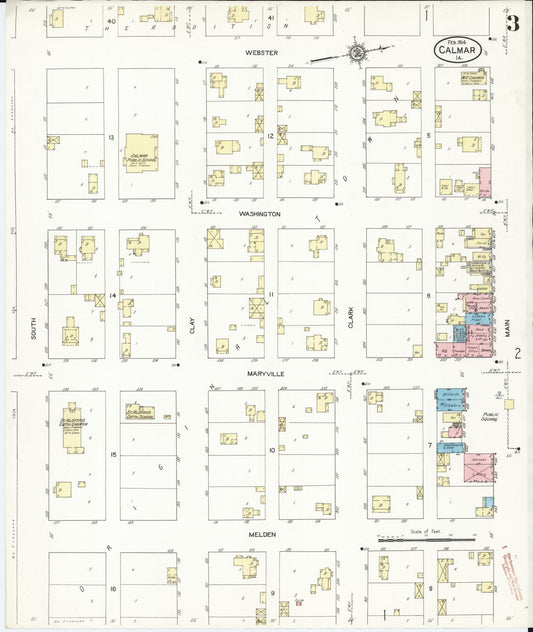 Sanborn Fire Insurance Map from Calmar, Winneshiek County, Iowa (1914), Sheet #0003 - Historic Sanborn Fire Insurance Map Print, vintage old map wall art