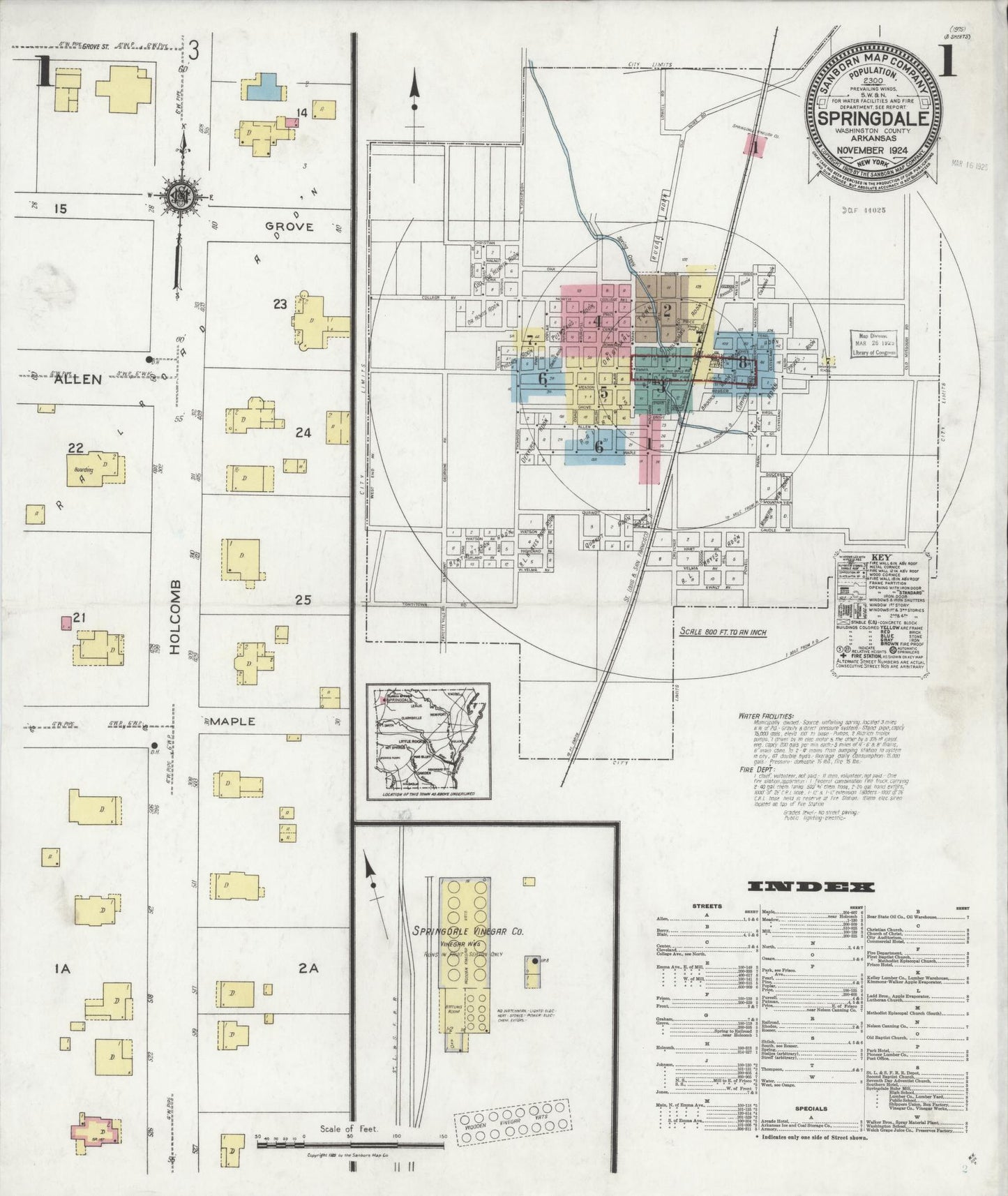 Sanborn Fire Insurance Map from Springdale, Washington County, Arkansas (1924), Sheet #0001 - Complete Map Set gallery image, historic Sanborn map, vintage wall art, Arkansas Arkansas
