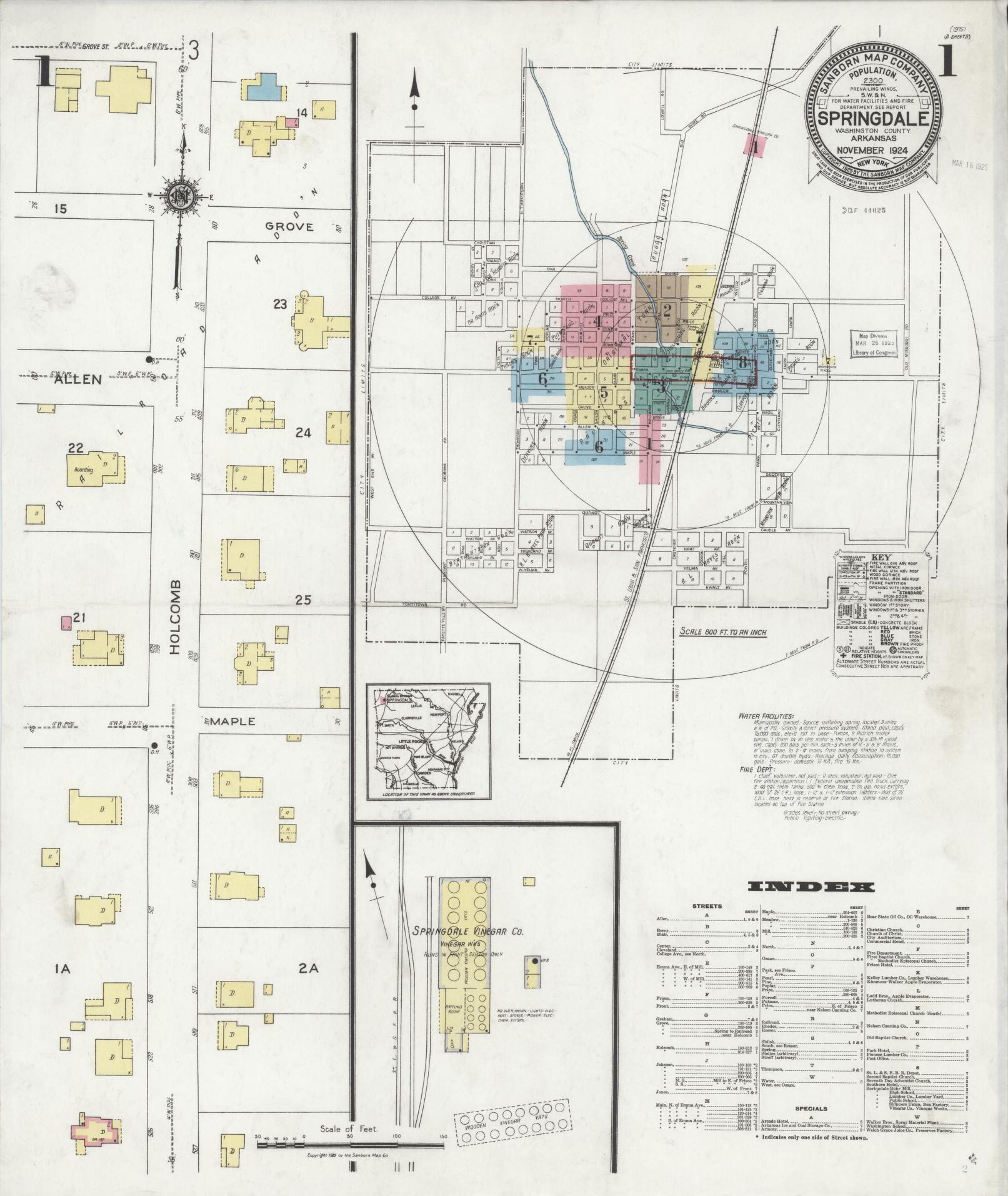 Sanborn Fire Insurance Map from Springdale, Washington County, Arkansas (1924), Sheet #0001 - Complete Map Set gallery image, historic Sanborn map, vintage wall art, Arkansas Arkansas