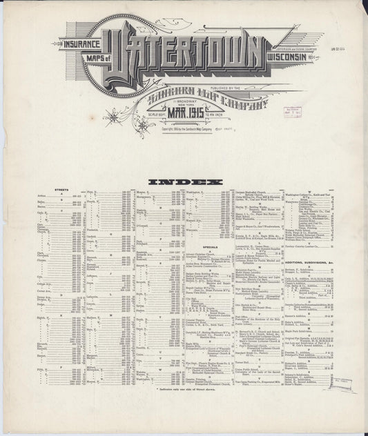 Sanborn Fire Insurance Map from Watertown, Jefferson County, Wisconsin (1915), Sheet #0001 - Complete Map Set gallery image, historic Sanborn map, vintage wall art, Wisconsin Wisconsin
