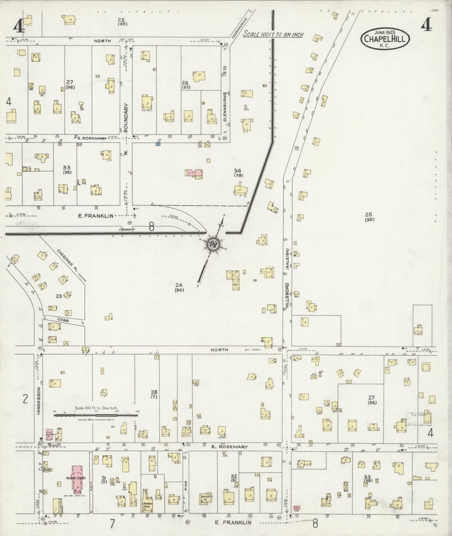 Sanborn Fire Insurance Map from Chapel Hill, Orange County, North Carolina (1925), Sheet #0004 - Complete Map Set gallery image, historic Sanborn map, vintage wall art, North Carolina North Carolina