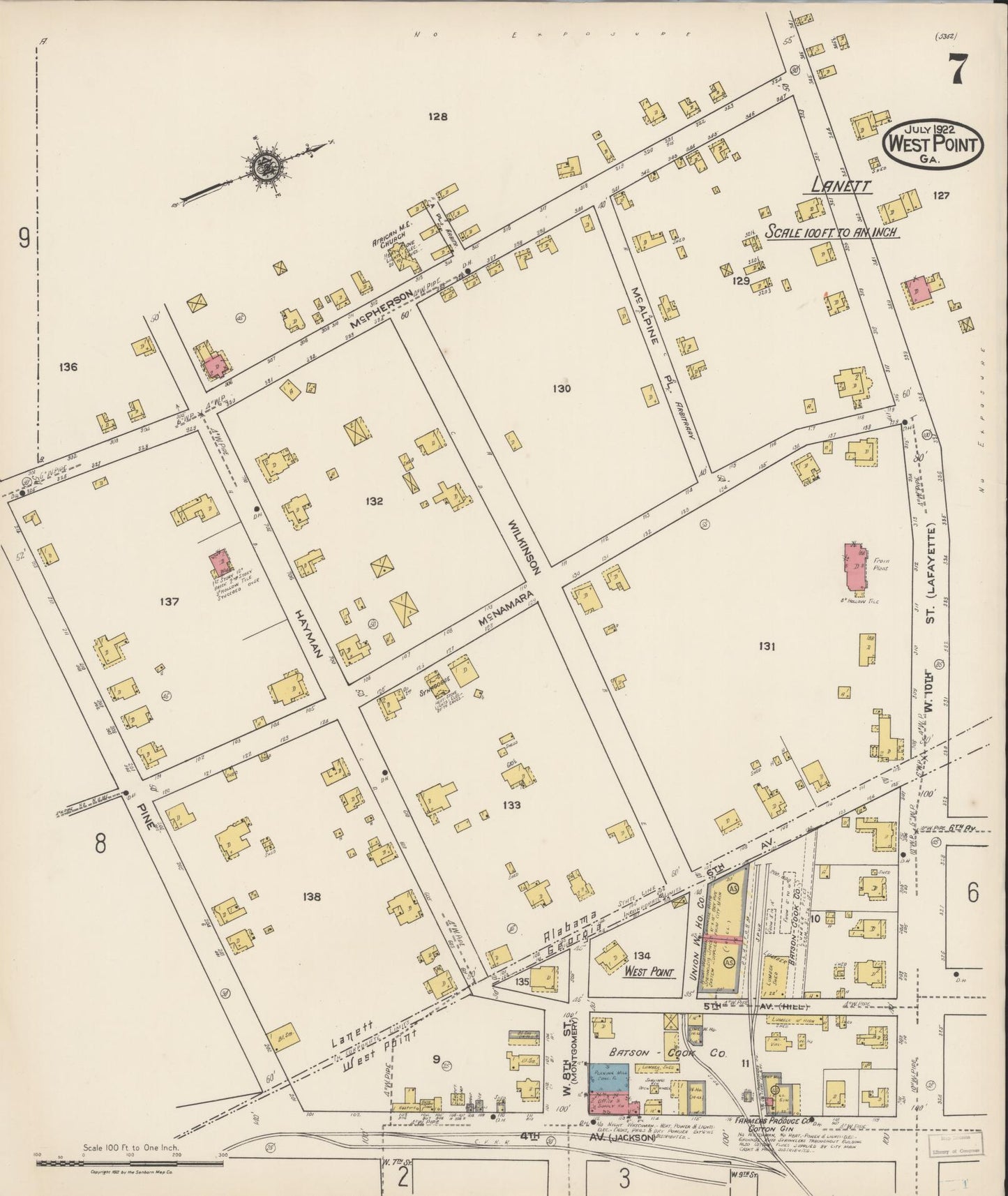 Sanborn Fire Insurance Map from West Point, Troup County, Georgia (1922), Sheet #0007 - Historic Sanborn Fire Insurance Map Print, vintage old map wall art, antique decor, genealogy gift, Georgia Georgia map