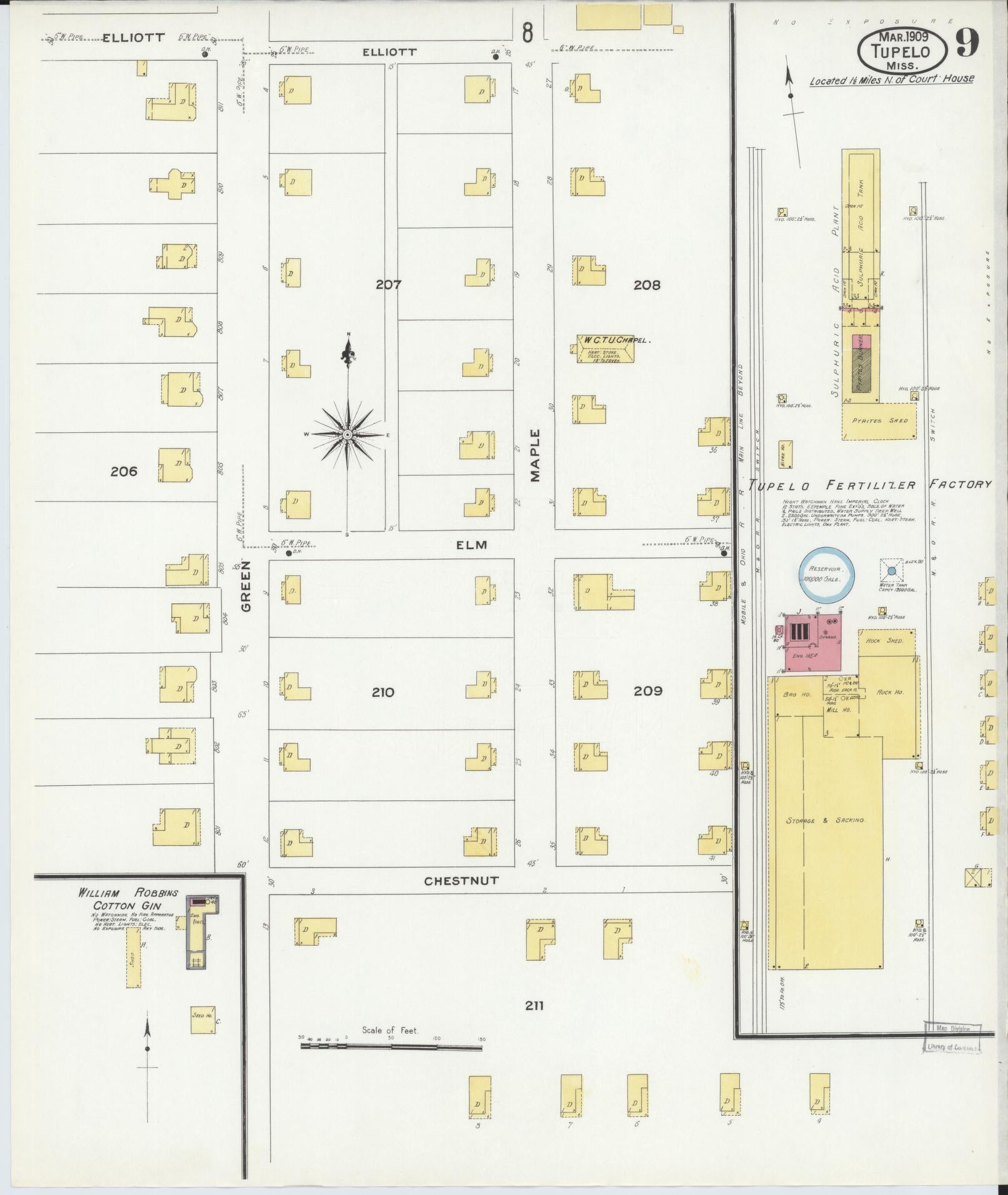 Sanborn Fire Insurance Map from Tupelo, Lee County, Mississippi (1909), Sheet #0009 - Historic Sanborn Fire Insurance Map Print, vintage old map wall art, antique decor, genealogy gift, Mississippi Mississippi map