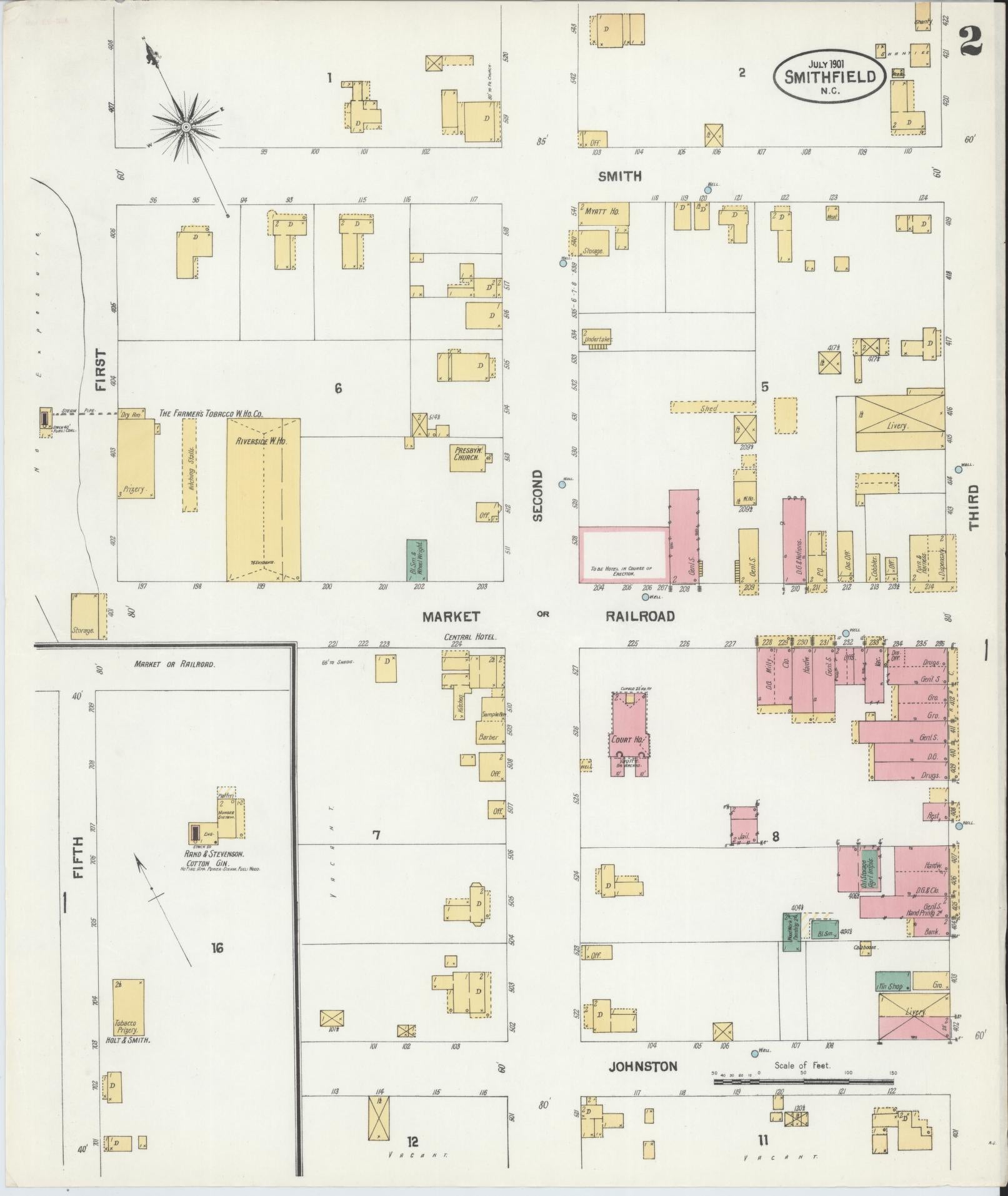 Sanborn Fire Insurance Map from Smithfield, Johnston County, North Carolina (1901), Sheet #0002 - Complete Map Set gallery image, historic Sanborn map, vintage wall art, North Carolina North Carolina