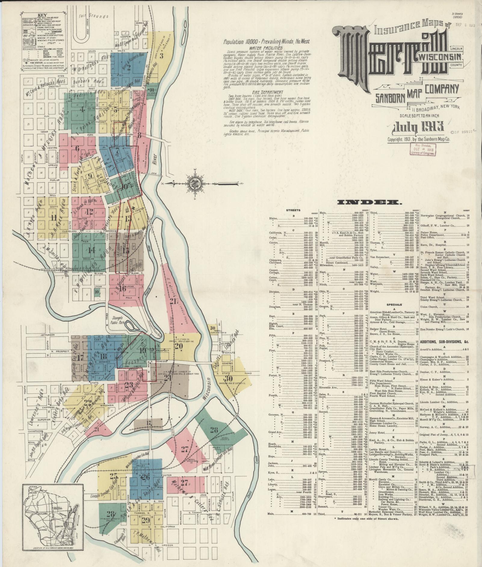 Sanborn Fire Insurance Map from Merrill, Lincoln County, Wisconsin (1913), Sheet #0001 - Historic Sanborn Fire Insurance Map Print, vintage old map wall art, antique decor, genealogy gift, Wisconsin Wisconsin map