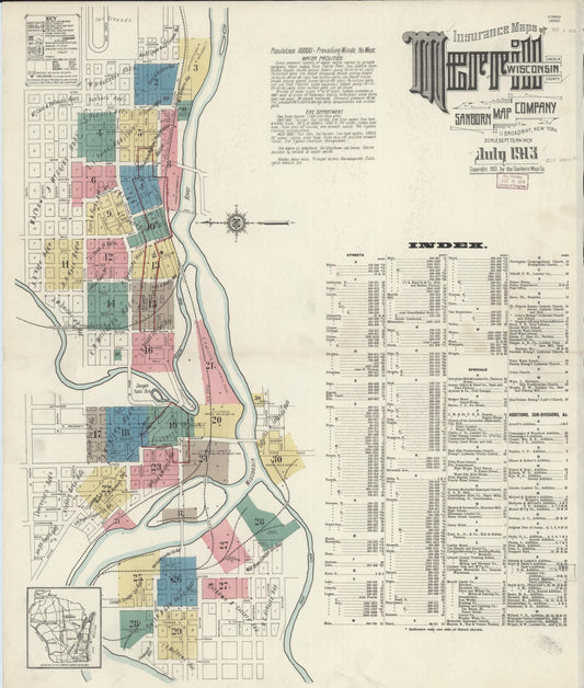 Sanborn Fire Insurance Map from Merrill, Lincoln County, Wisconsin (1913), Sheet #0001 - Historic Sanborn Fire Insurance Map Print, vintage old map wall art, antique decor, genealogy gift, Wisconsin Wisconsin map