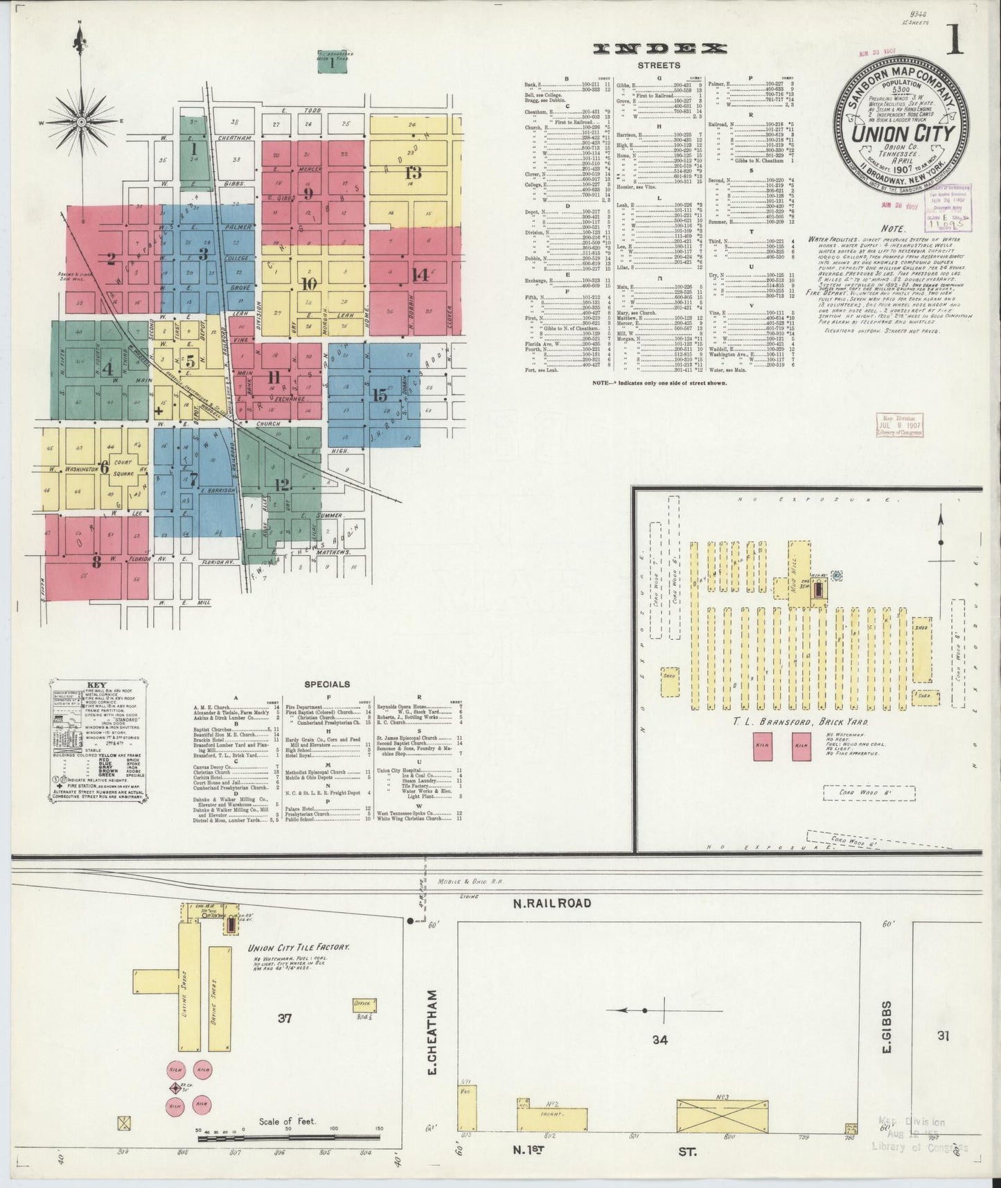 Sanborn Fire Insurance Map from Union City, Obion County, Tennessee (1907), Sheet #0001 - Historic Sanborn Fire Insurance Map Print, vintage old map wall art, antique decor, genealogy gift, Tennessee Tennessee map