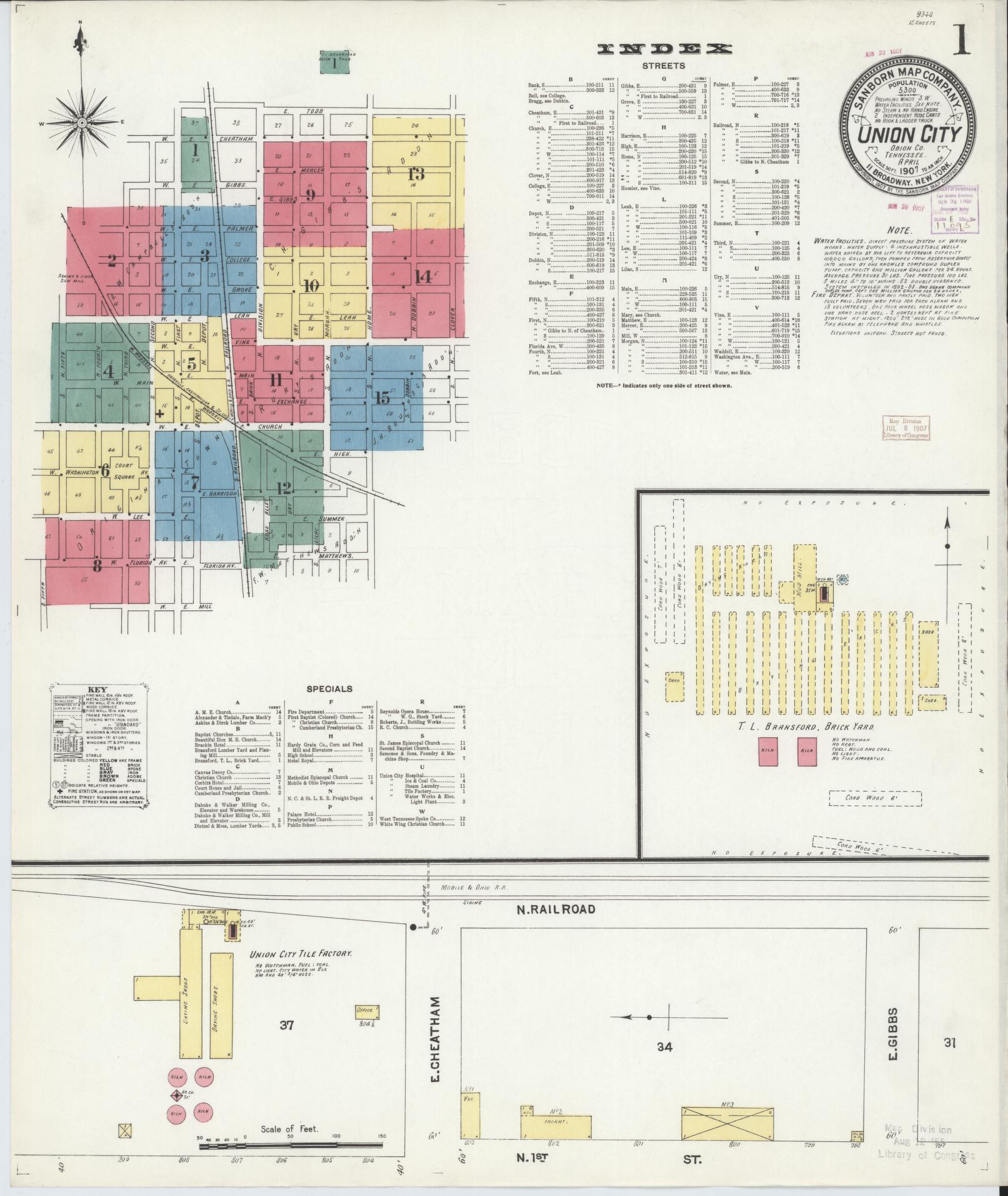 Sanborn Fire Insurance Map from Union City, Obion County, Tennessee (1907), Sheet #0001 - Historic Sanborn Fire Insurance Map Print, vintage old map wall art, antique decor, genealogy gift, Tennessee Tennessee map
