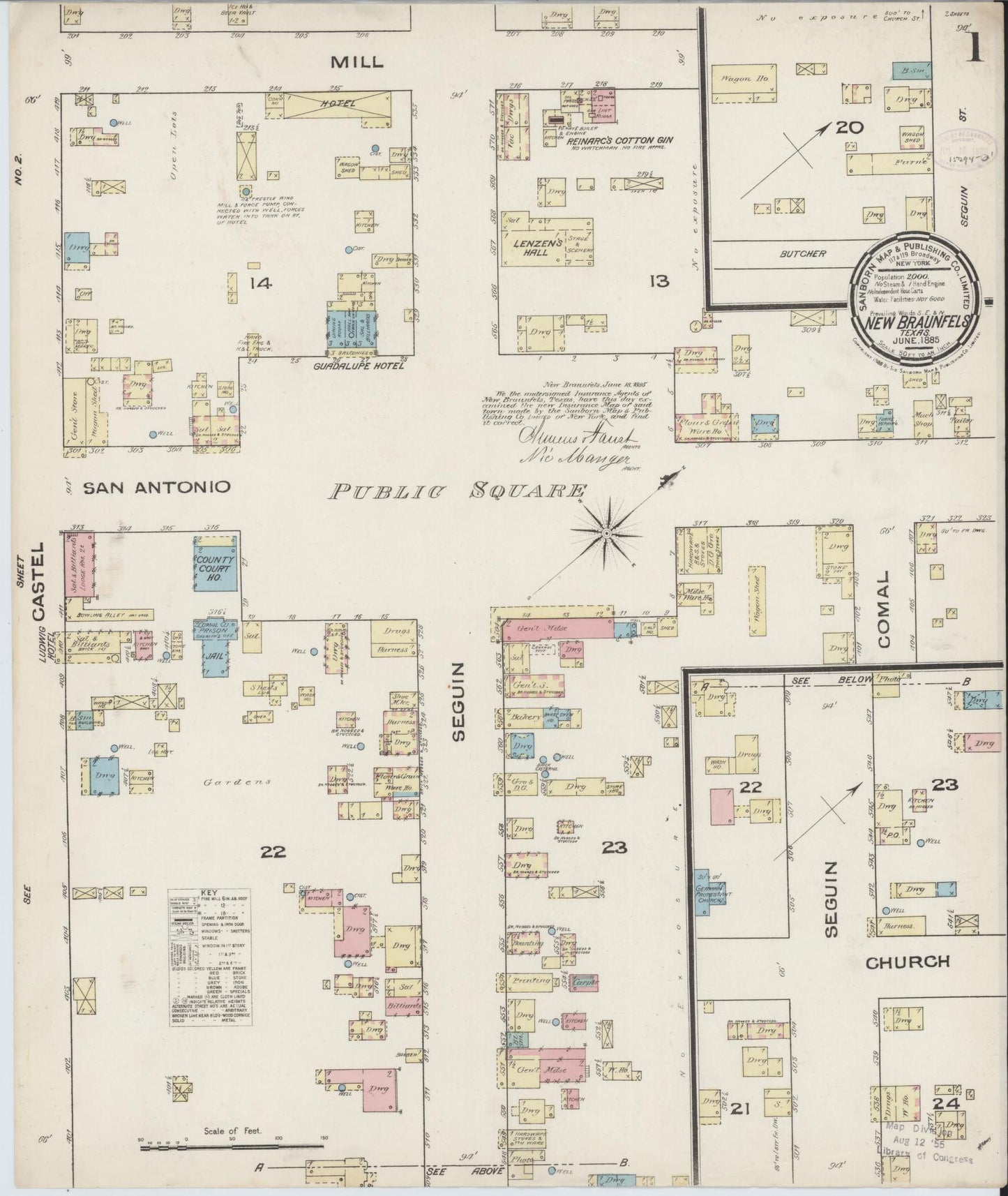 Sanborn Fire Insurance Map from New Braunfels, Comal County, Texas (1885), Sheet #0001 - Historic Sanborn Fire Insurance Map Print, vintage old map wall art, antique decor, genealogy gift, Texas Texas map
