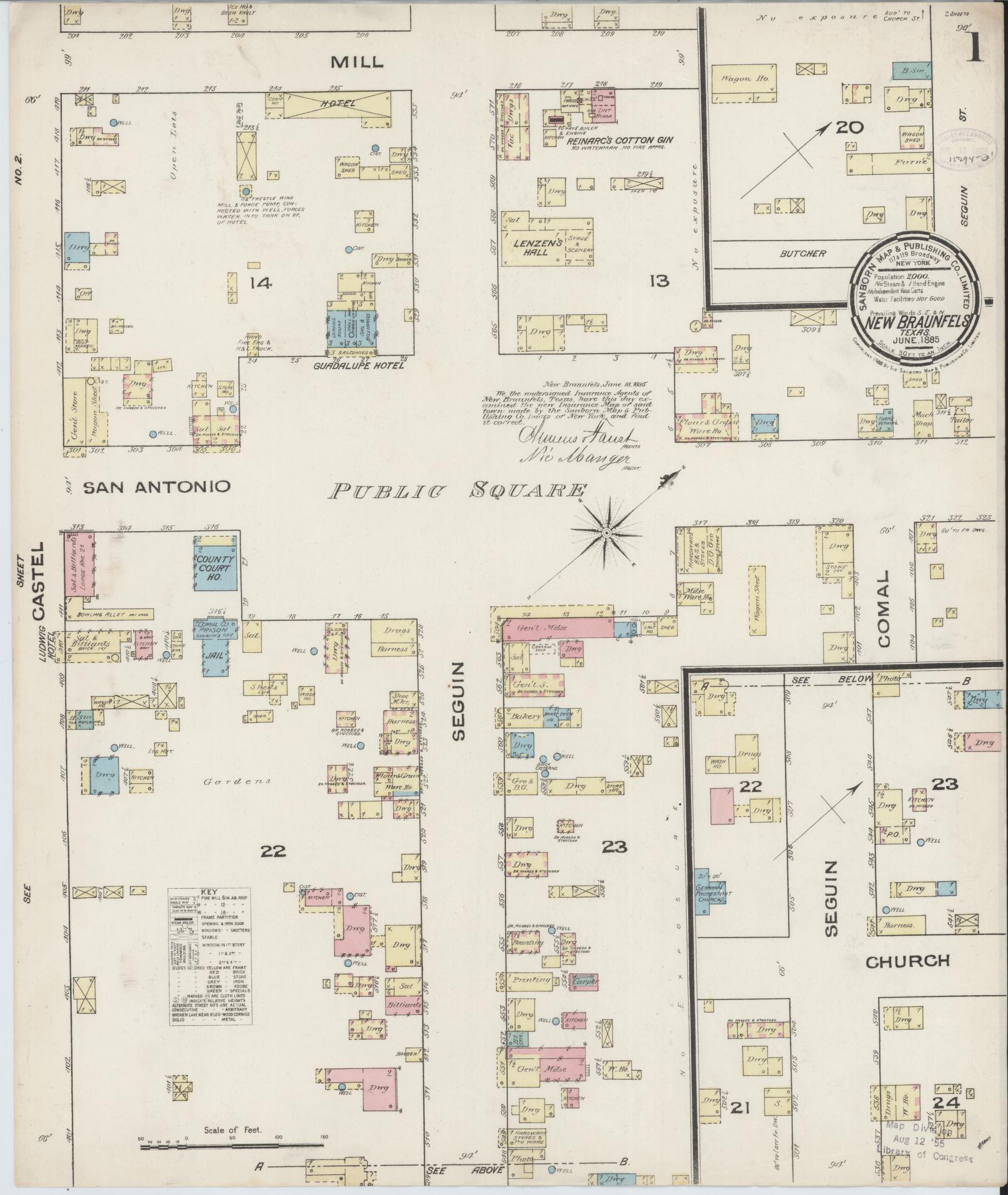 Sanborn Fire Insurance Map from New Braunfels, Comal County, Texas (1885), Sheet #0001 - Historic Sanborn Fire Insurance Map Print, vintage old map wall art, antique decor, genealogy gift, Texas Texas map