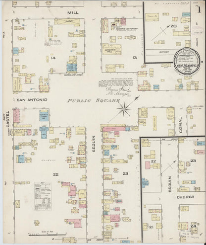 Sanborn Fire Insurance Map from New Braunfels, Comal County, Texas (1885), Sheet #0001 - Historic Sanborn Fire Insurance Map Print, vintage old map wall art, antique decor, genealogy gift, Texas Texas map