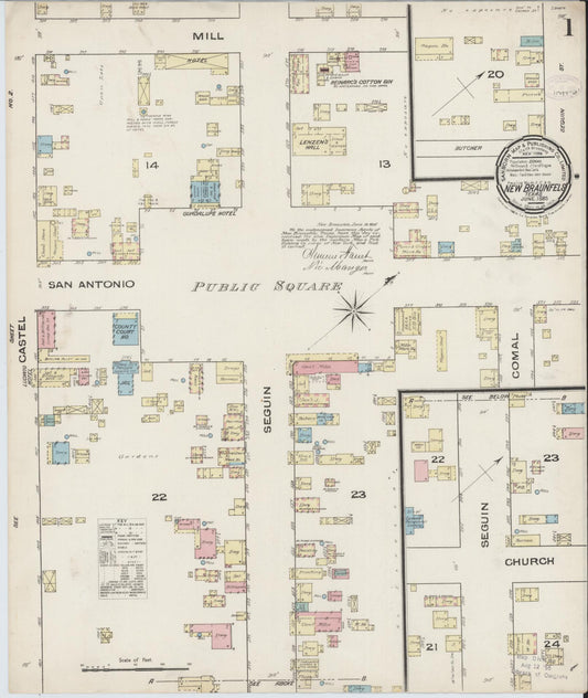 Sanborn Fire Insurance Map from New Braunfels, Comal County, Texas (1885), Sheet #0001 - Historic Sanborn Fire Insurance Map Print, vintage old map wall art, antique decor, genealogy gift, Texas Texas map
