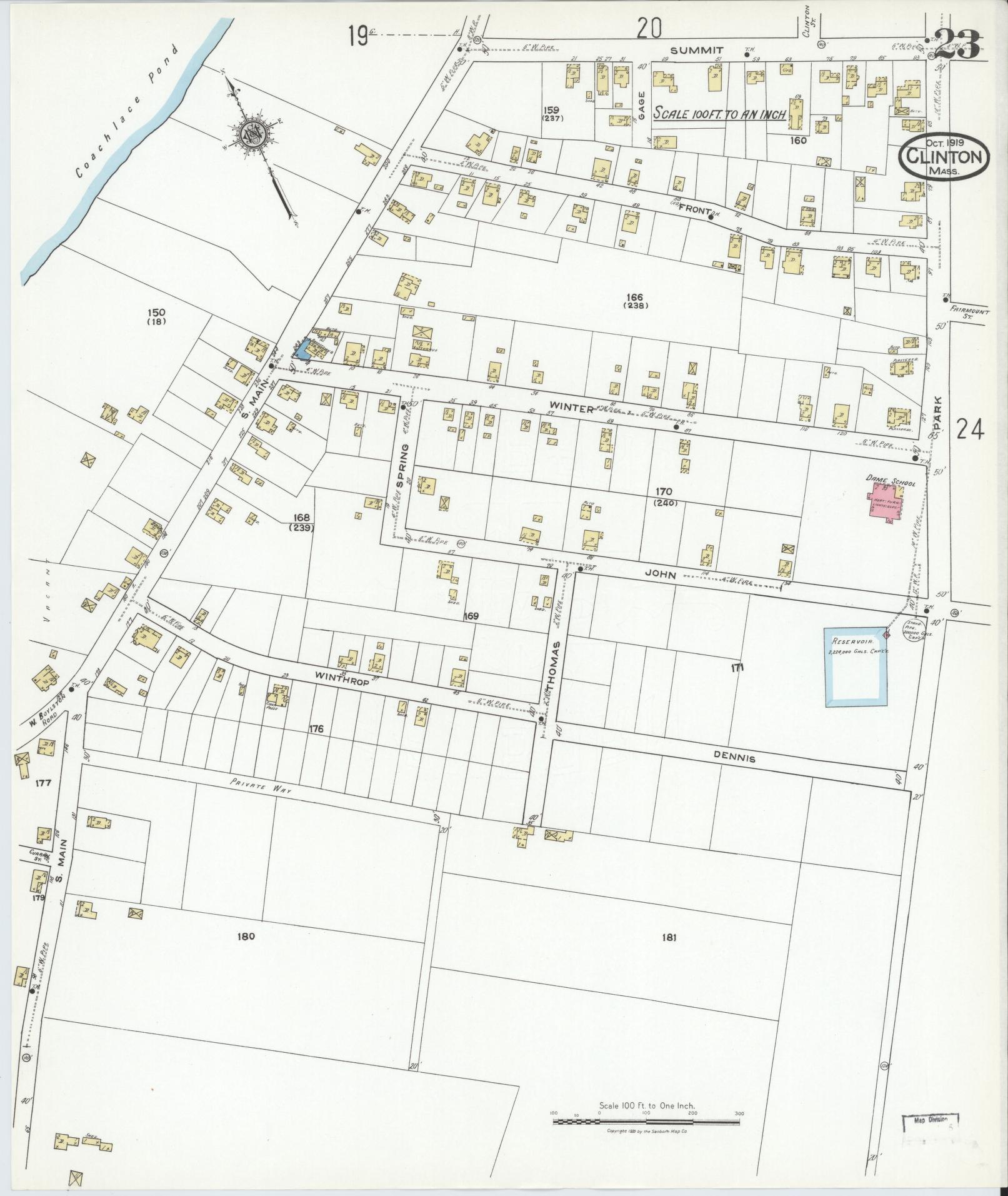 Sanborn Fire Insurance Map from Clinton, Worcester County, Massachusetts (1919), Sheet #0023 - Historic Sanborn Fire Insurance Map Print, vintage old map wall art, antique decor, genealogy gift, Massachusetts Massachusetts map