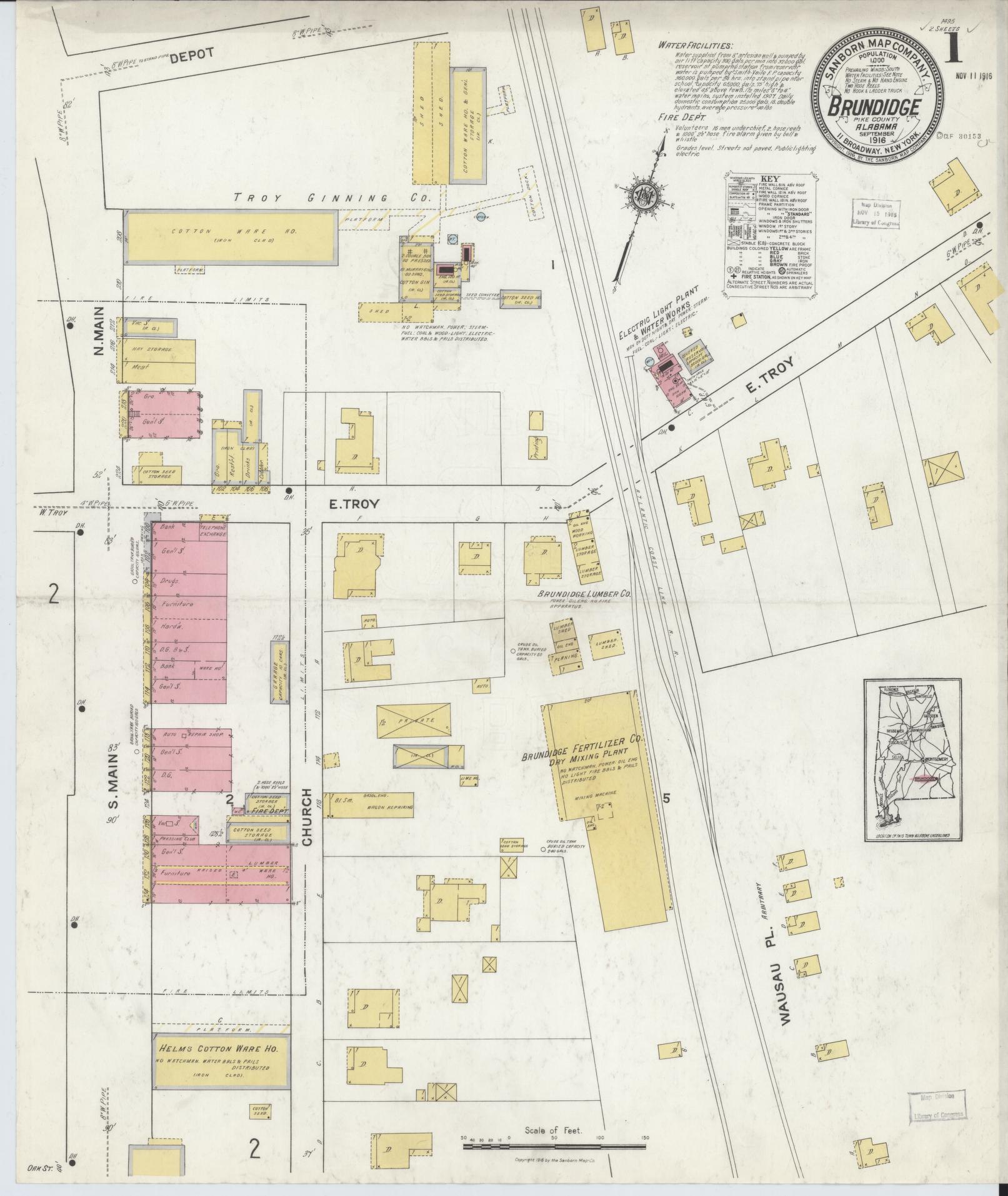Sanborn Fire Insurance Map from Brundidge, Pike County, Alabama (1916), Sheet #0001 - Complete Map Set gallery image, historic Sanborn map, vintage wall art, Alabama Alabama