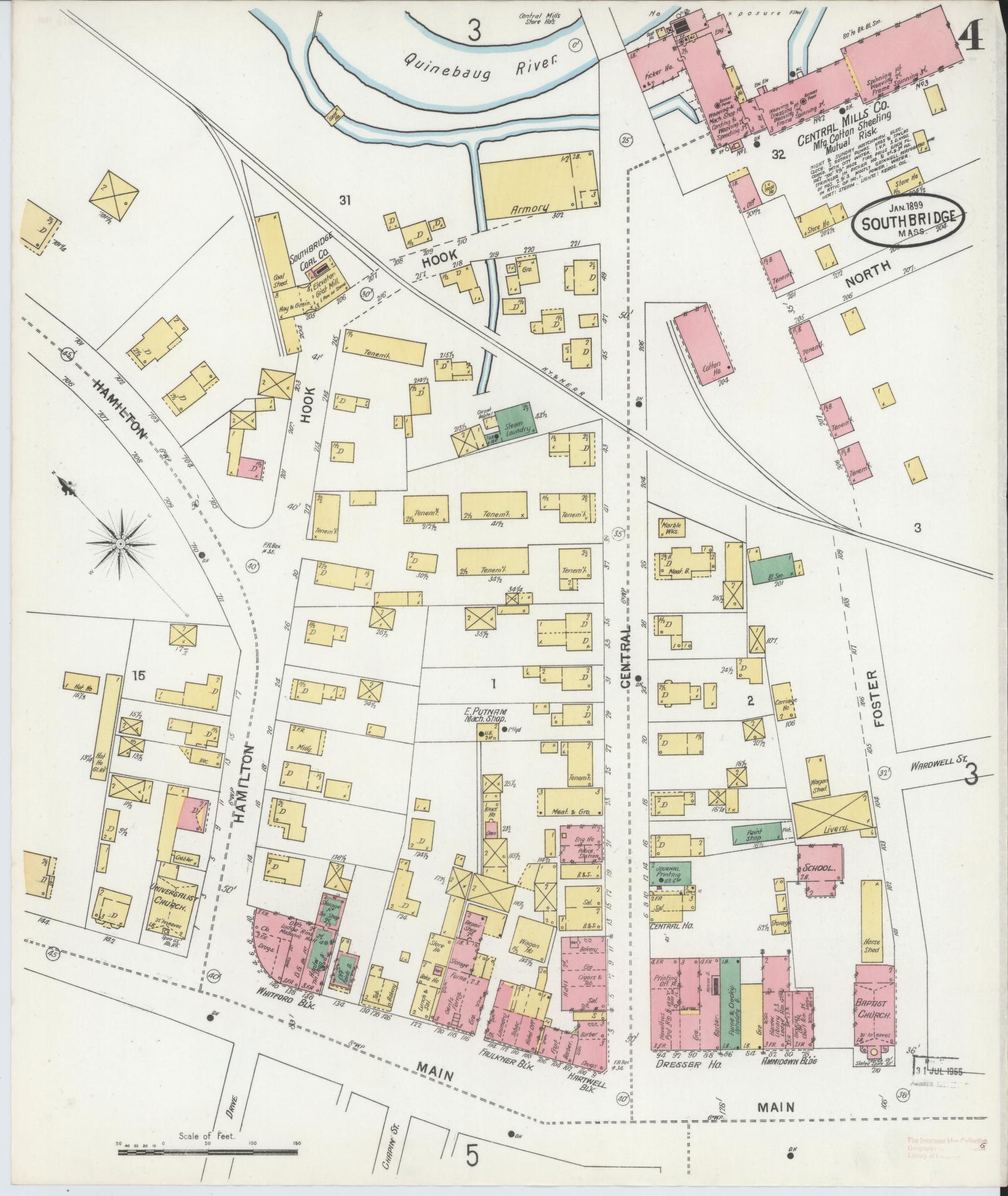 Sanborn Fire Insurance Map from Southbridge, Worcester County, Massachusetts (1899), Sheet #0004 - Historic Sanborn Fire Insurance Map Print, vintage old map wall art, antique decor, genealogy gift, Massachusetts Massachusetts map