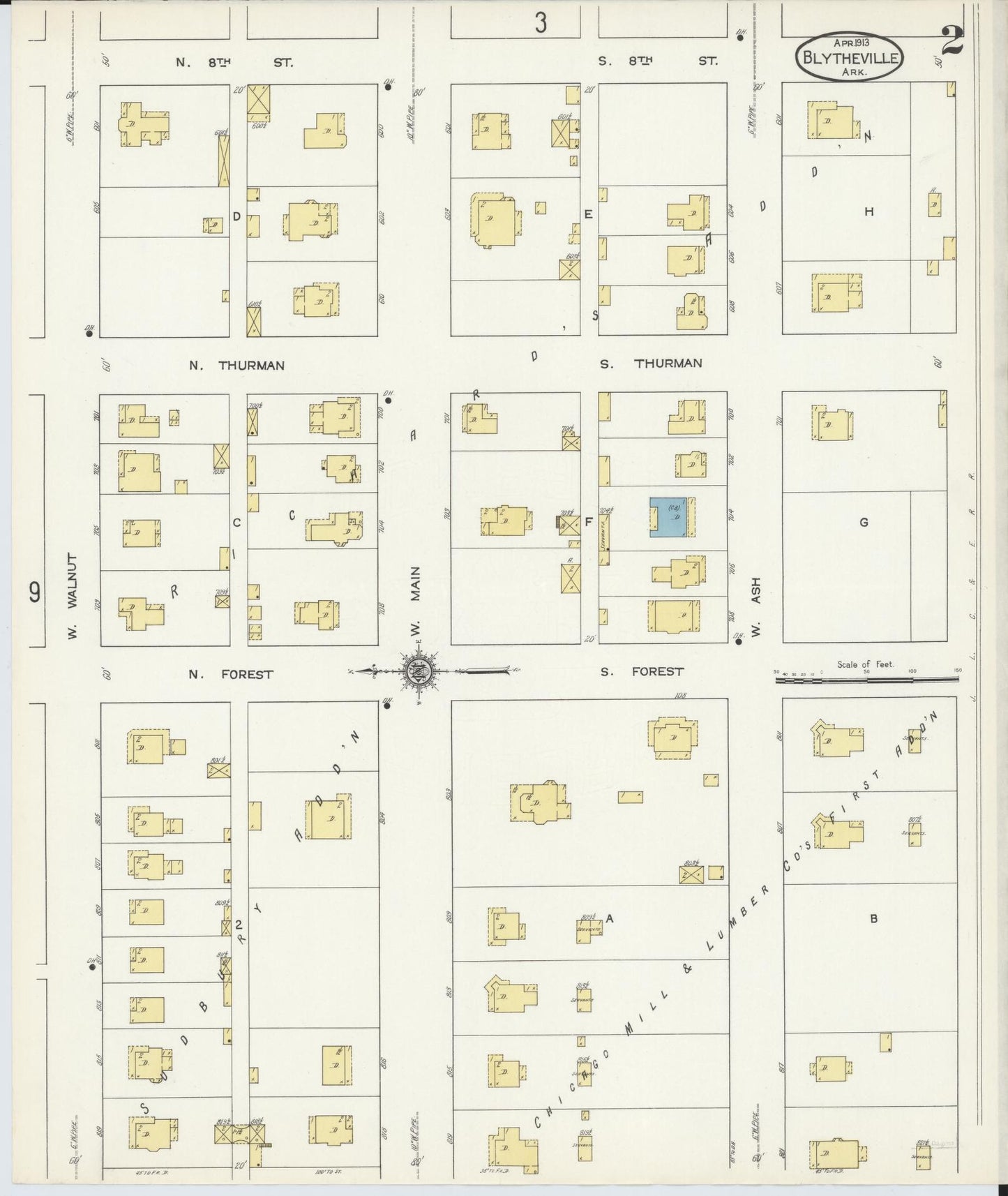 Sanborn Fire Insurance Map from Blytheville, Mississippi County, Arkansas (1913), Sheet #0002 - Complete Map Set gallery image, historic Sanborn map, vintage wall art, Blytheville Mississippi