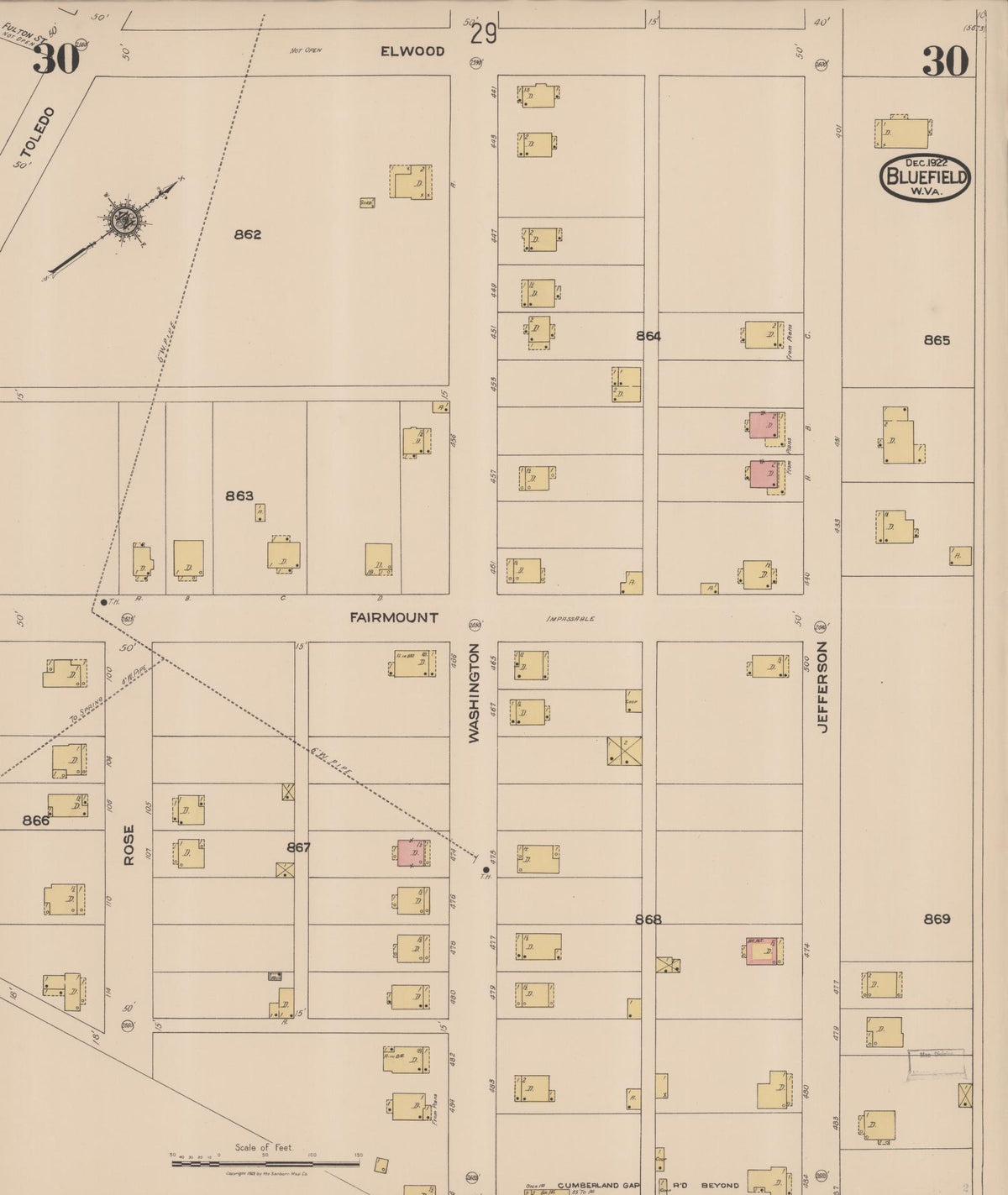 Sanborn Fire Insurance Map from Bluefield, Mercer County, West Virginia (1922), Sheet #0030 - Historic Sanborn Fire Insurance Map Print, vintage old map wall art, antique decor, genealogy gift, West Virginia West Virginia map