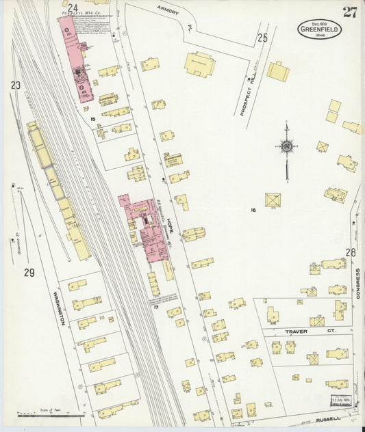 Sanborn Fire Insurance Map from Greenfield, Franklin County, Massachusetts (1909), Sheet #0027 - Historic Sanborn Fire Insurance Map Print, vintage old map wall art, antique decor, genealogy gift, Massachusetts Massachusetts map