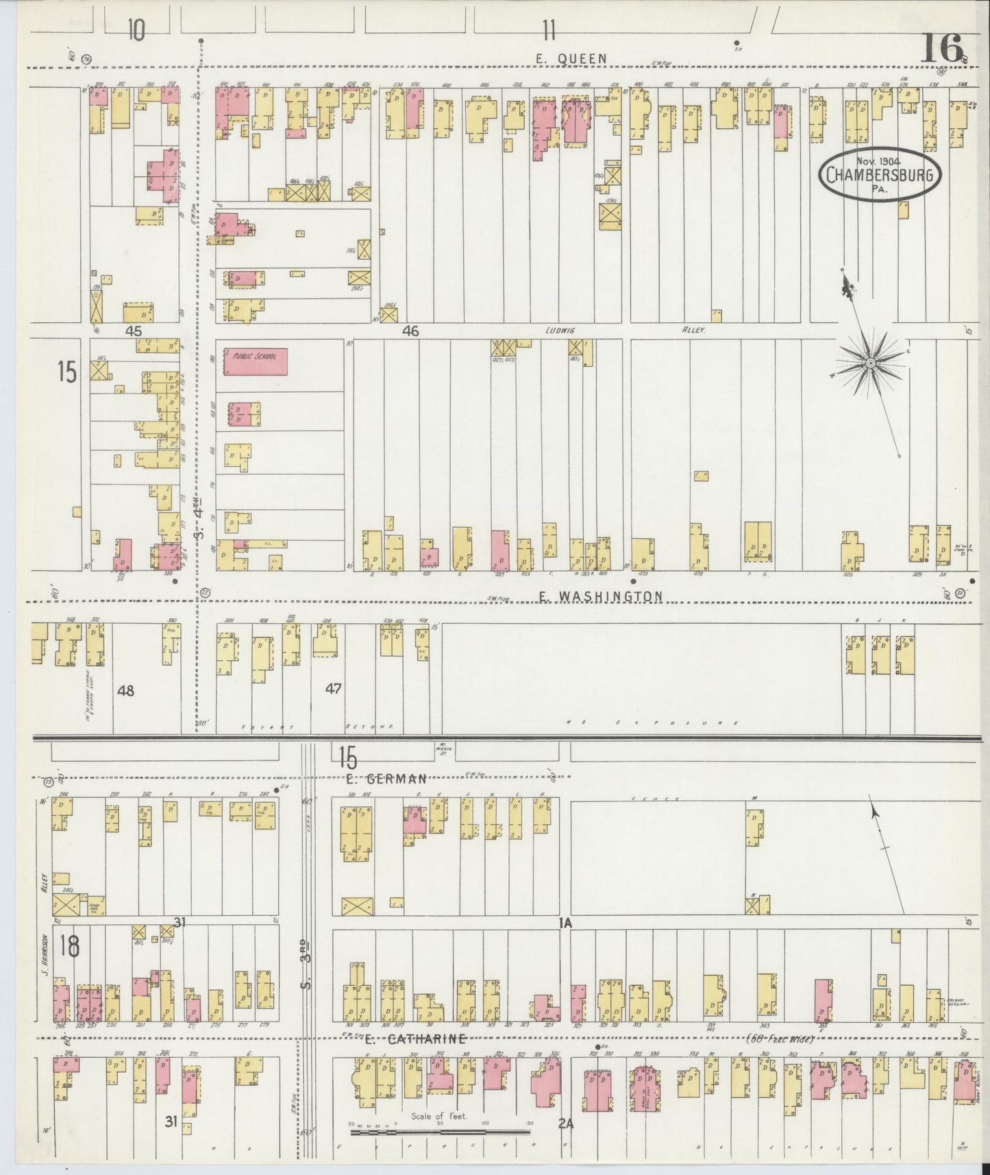 Sanborn Fire Insurance Map from Chambersburg, Franklin County, Pennsylvania (1904), Sheet #0016 - Historic Sanborn Fire Insurance Map Print, vintage old map wall art, antique decor, genealogy gift, Pennsylvania Pennsylvania map