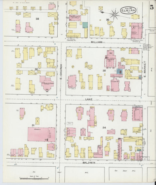 Sanborn Fire Insurance Map from Elmira, Chemung County, New York (1892), Sheet #0005 - Historic Sanborn Fire Insurance Map Print, vintage old map wall art, antique decor, genealogy gift, New York New York map
