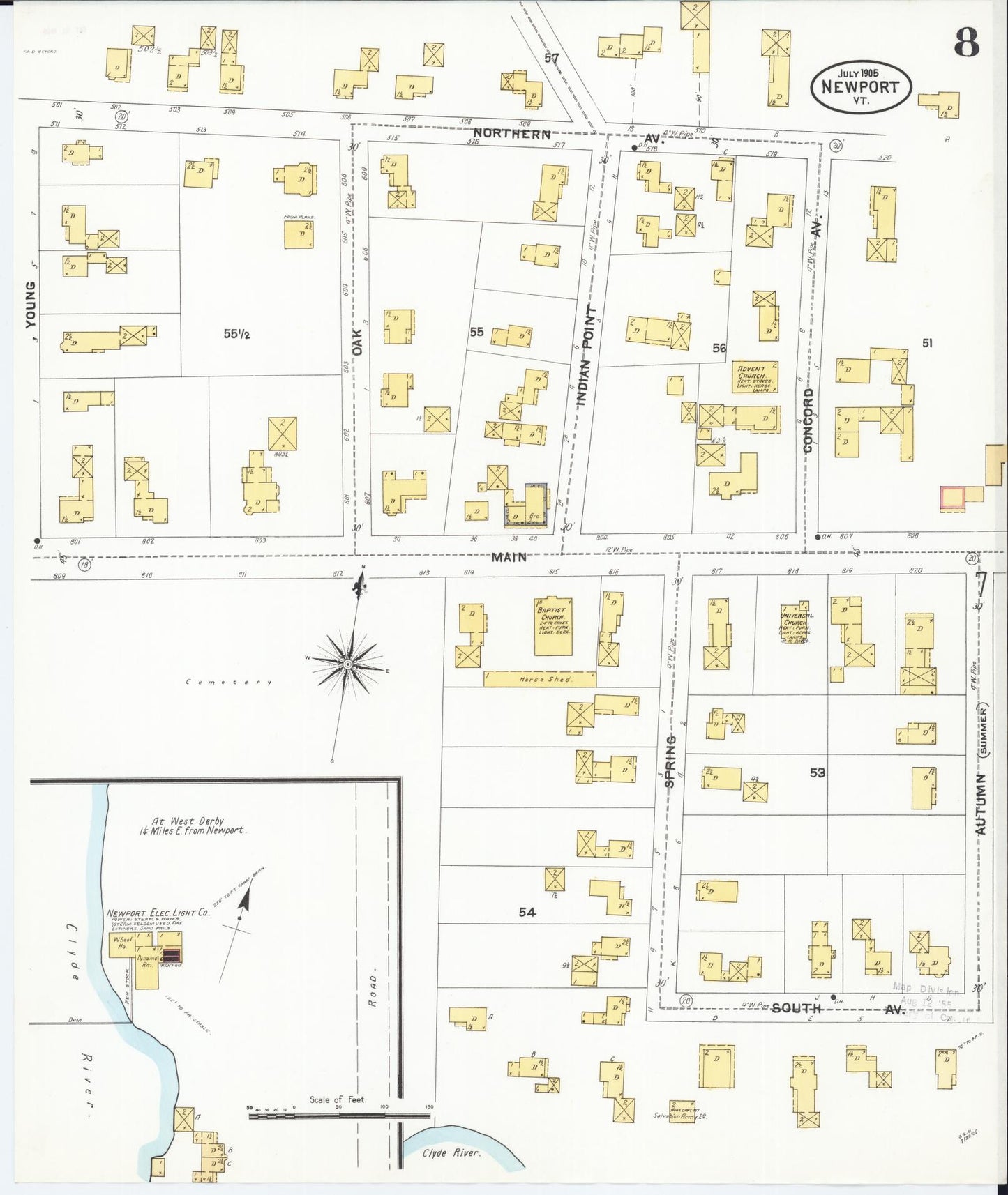 Sanborn Fire Insurance Map from Newport, Orleans County, Vermont (1905), Sheet #0008 - Historic Sanborn Fire Insurance Map Print, vintage old map wall art, antique decor, genealogy gift, Vermont Vermont map