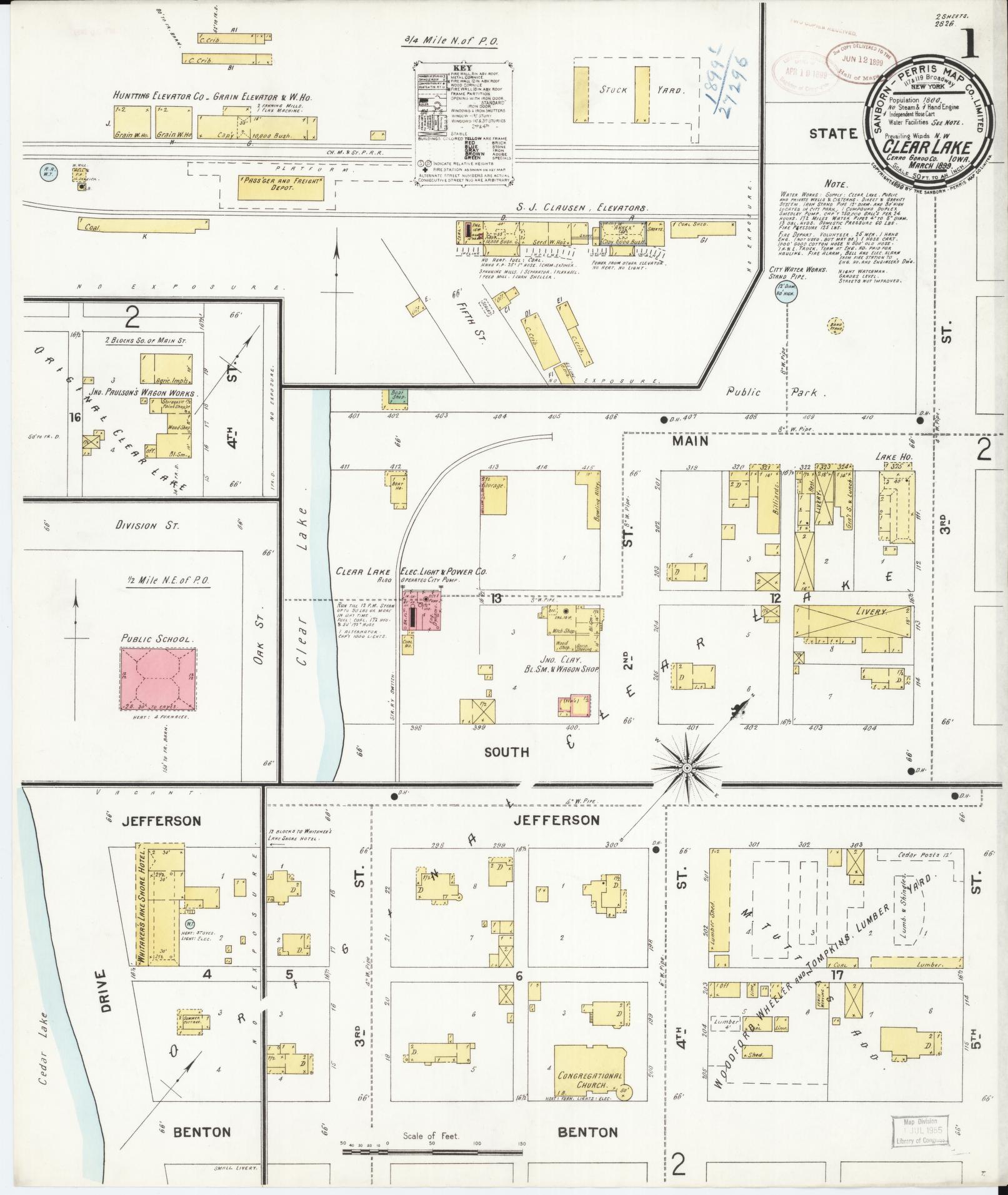 Sanborn Fire Insurance Map from Clear Lake, Cerro Gordo County, Iowa (1899), Sheet #0001 - Historic Sanborn Fire Insurance Map Print, vintage old map wall art