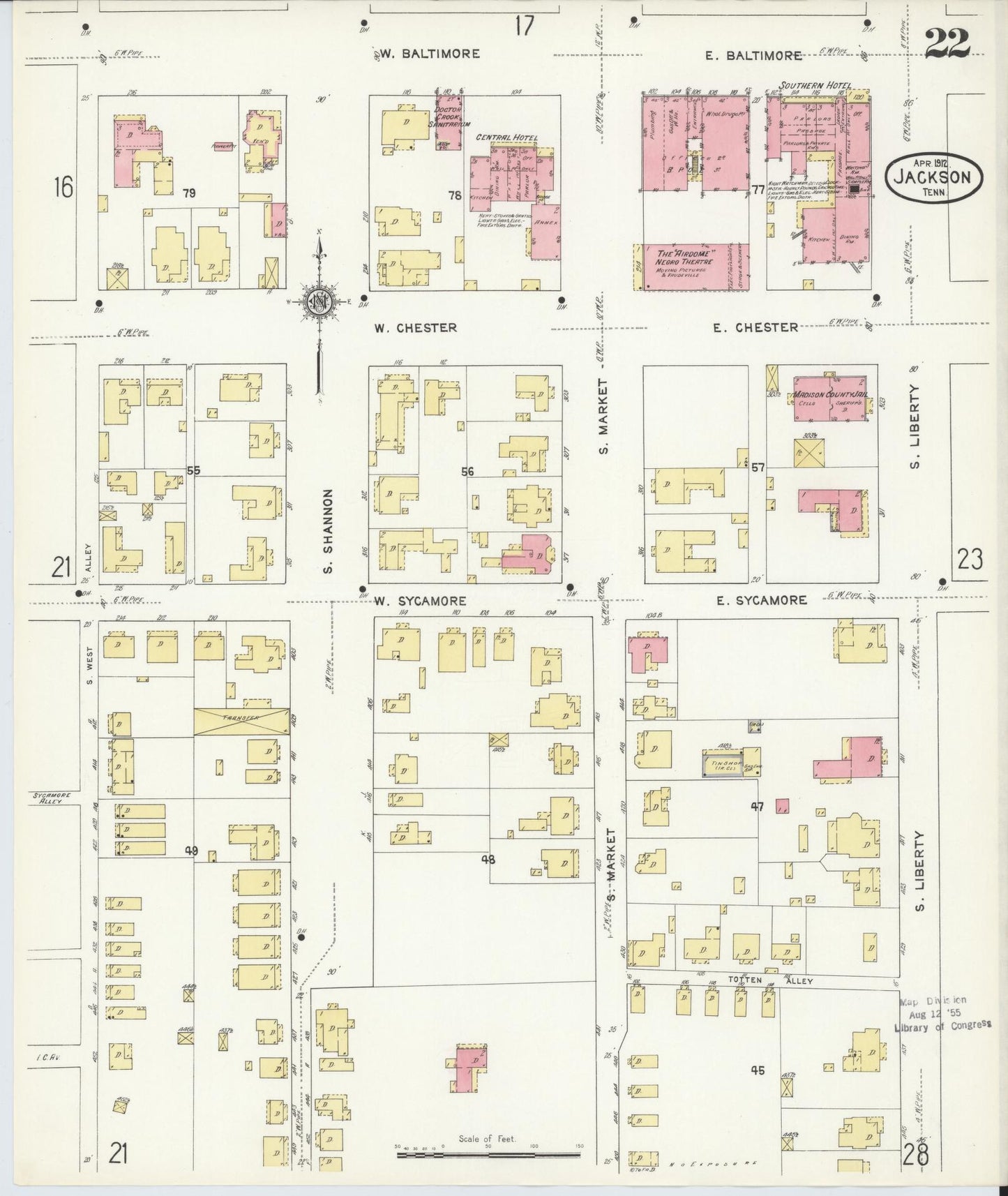 Sanborn Fire Insurance Map from Jackson, Madison County, Tennessee (1912), Sheet #0022 - Historic Sanborn Fire Insurance Map Print, vintage old map wall art, antique decor, genealogy gift, Tennessee Tennessee map