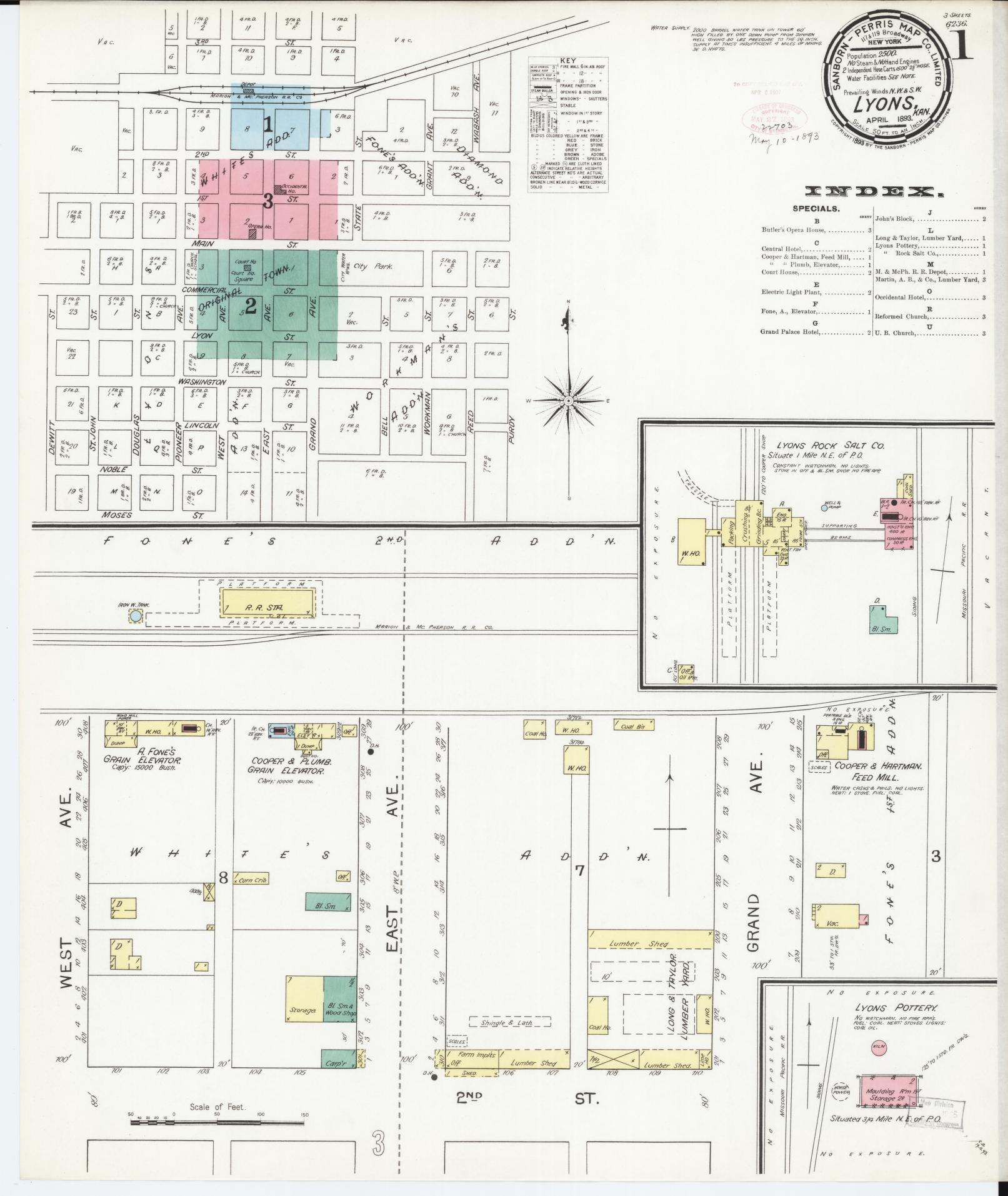 Sanborn Fire Insurance Map from Lyons, Rice County, Kansas (1893), Sheet #0001 - Complete Map Set gallery image, historic Sanborn map, vintage wall art, Kansas Kansas