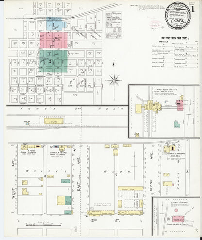 Sanborn Fire Insurance Map from Lyons, Rice County, Kansas (1893), Sheet #0001 - Complete Map Set gallery image, historic Sanborn map, vintage wall art, Kansas Kansas