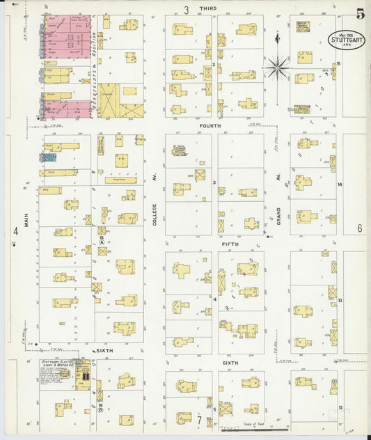 Sanborn Fire Insurance Map from Stuttgart, Arkansas County, Arkansas (1908), Sheet #0005 - Historic Sanborn Fire Insurance Map Print, vintage old map wall art, antique decor, genealogy gift, Stuttgart Arkansas map