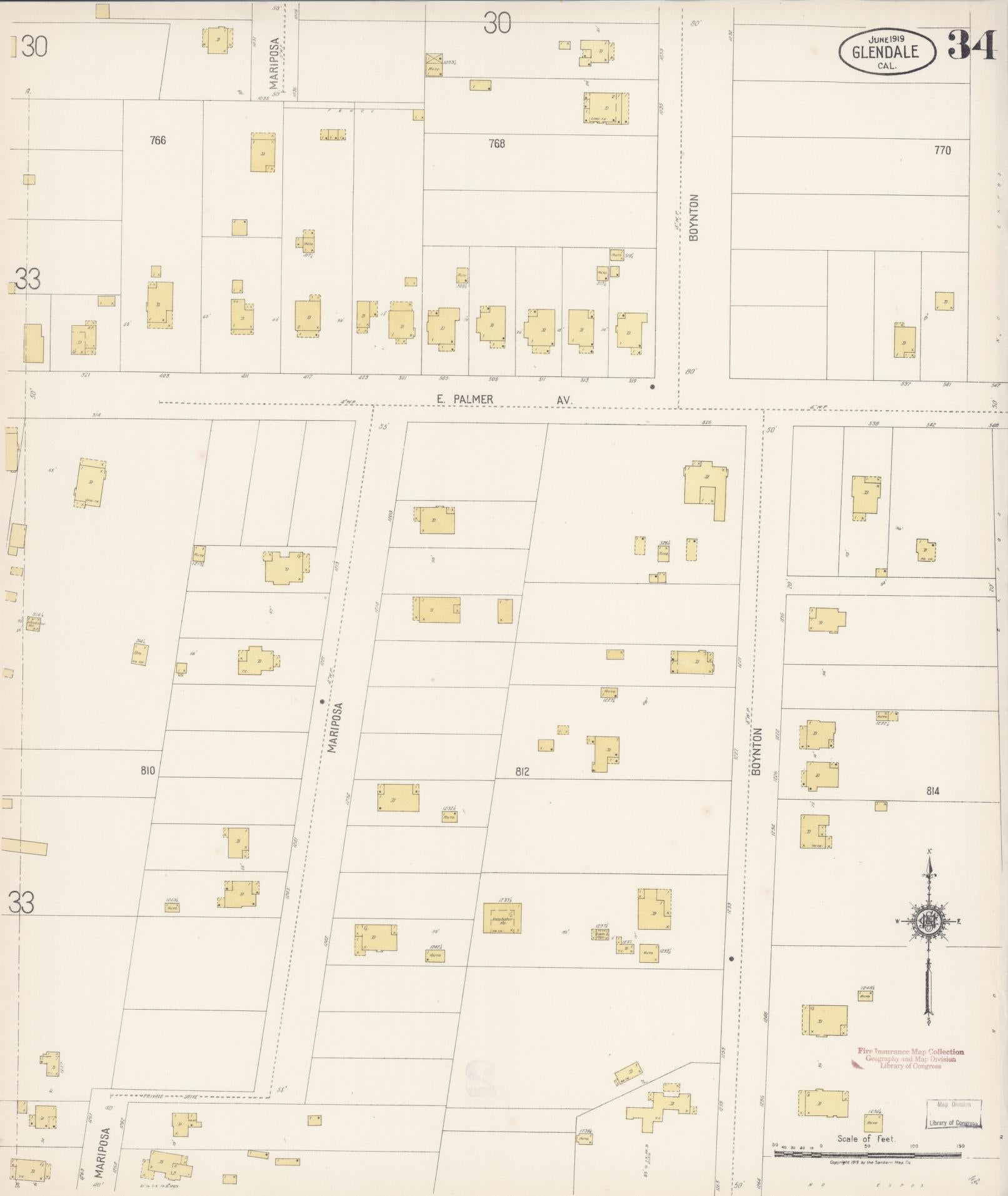 Sanborn Fire Insurance Map from Glendale, Los Angeles County, California (1919), Sheet #0034 - Historic Sanborn Fire Insurance Map Print, vintage old map wall art, antique decor, genealogy gift, California California map