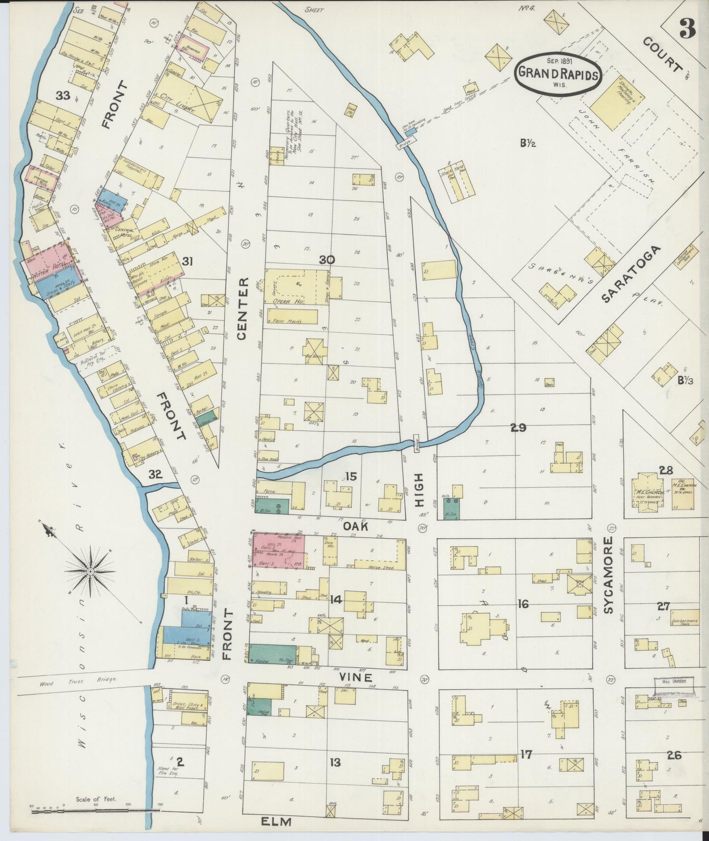 Sanborn Fire Insurance Map from Grand Rapids, Wood County, Wisconsin (1891), Sheet #0003 - Historic Sanborn Fire Insurance Map Print, vintage old map wall art, antique decor, genealogy gift, Wisconsin Wisconsin map