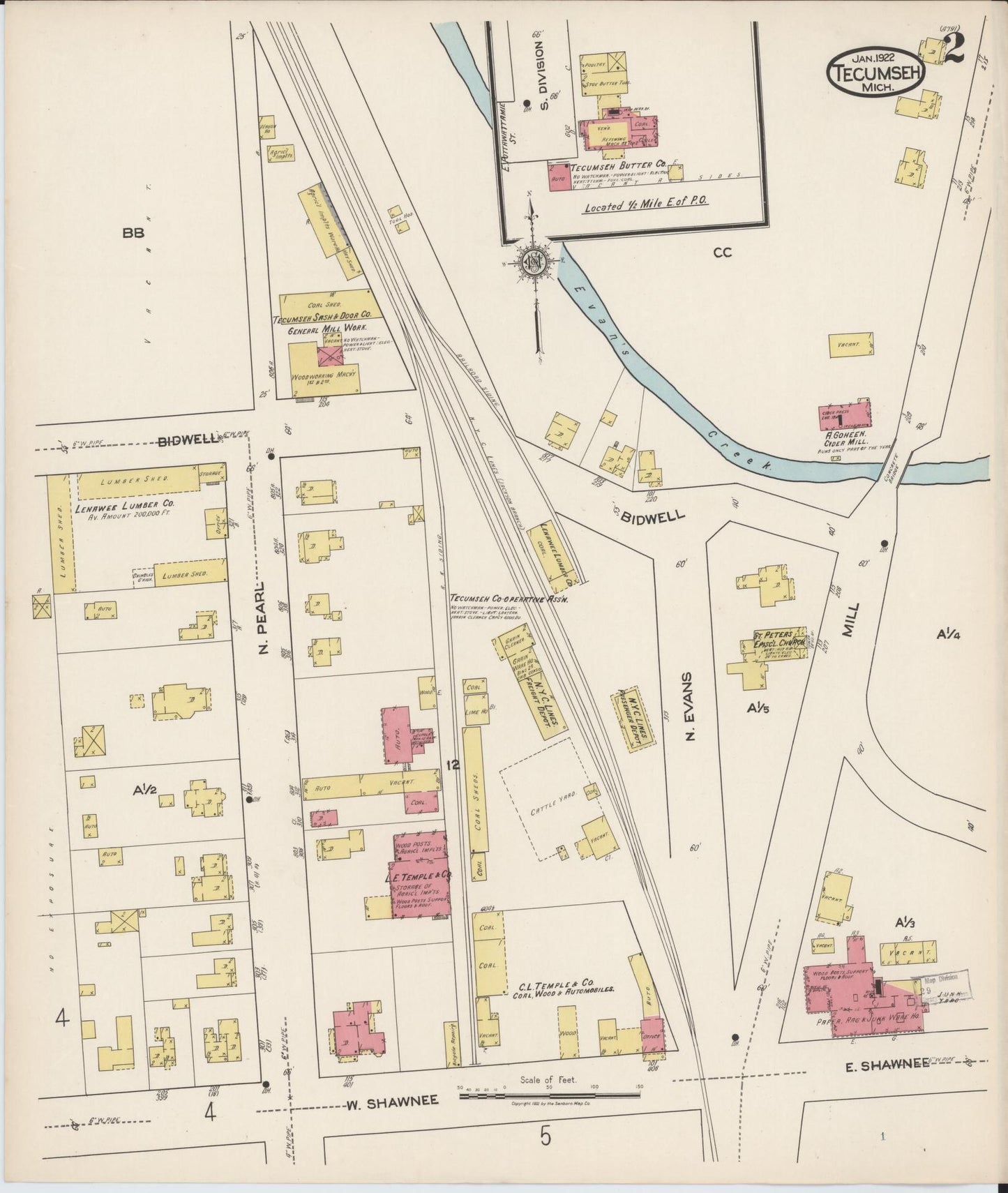 Sanborn Fire Insurance Map from Tecumseh, Lenawee County, Michigan (1922), Sheet #0002 - Complete Map Set gallery image, historic Sanborn map, vintage wall art, Michigan Michigan