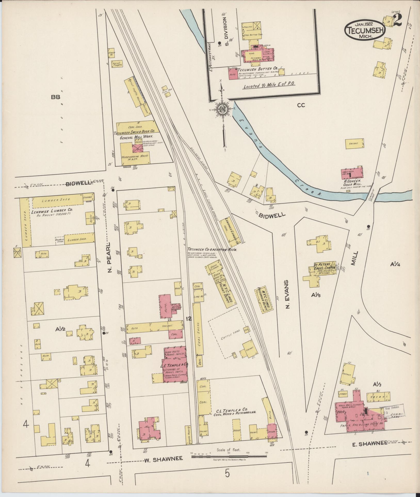 Sanborn Fire Insurance Map from Tecumseh, Lenawee County, Michigan (1922), Sheet #0002 - Complete Map Set gallery image, historic Sanborn map, vintage wall art, Michigan Michigan